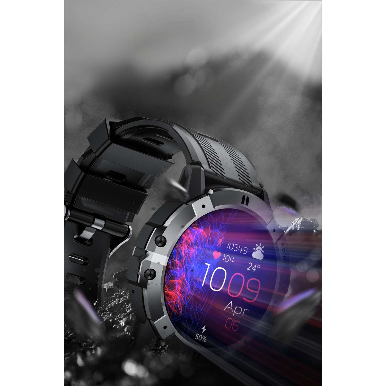 Schwarzes Smartwatch-Display zeigt 1009 Uhr, 24°C, Datum, Schritte, Herzfrequenz.