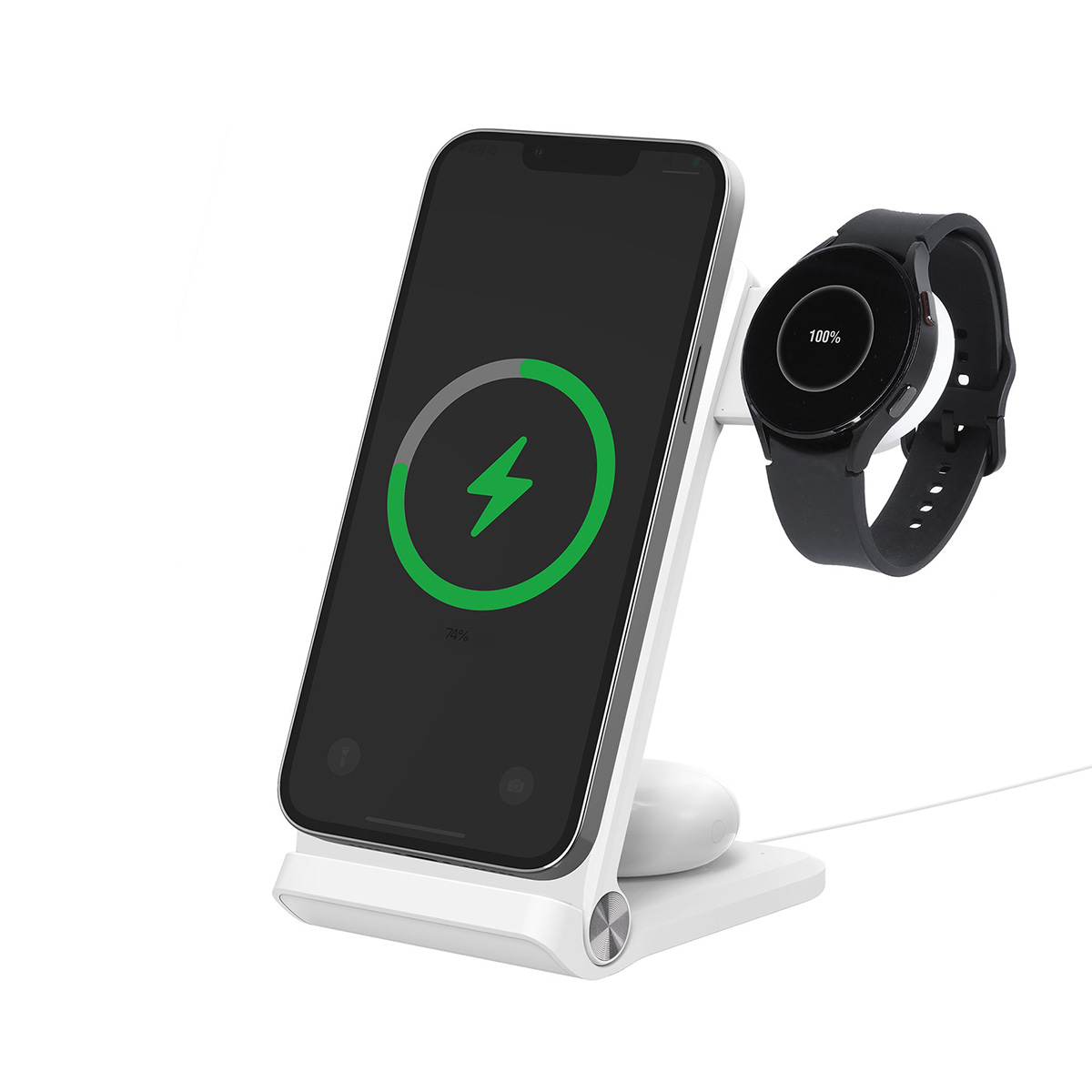 Ein weißes Ladegerät mit einem Smartphone und einer Smartwatch, beide laden.