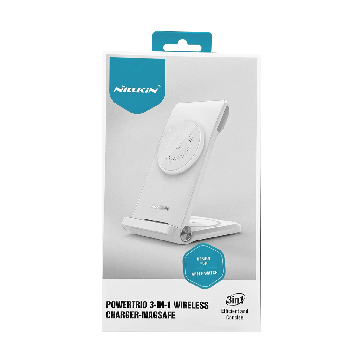 Verpackung eines weißen 3-in-1-MagSafe-Ladegeräts mit Nillkin-Logo.