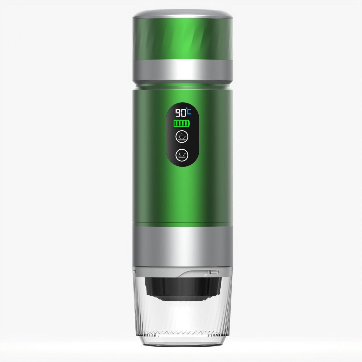Grüner, zylindrischer Akku-Wasserkocher mit digitaler Anzeige für 90 Grad.