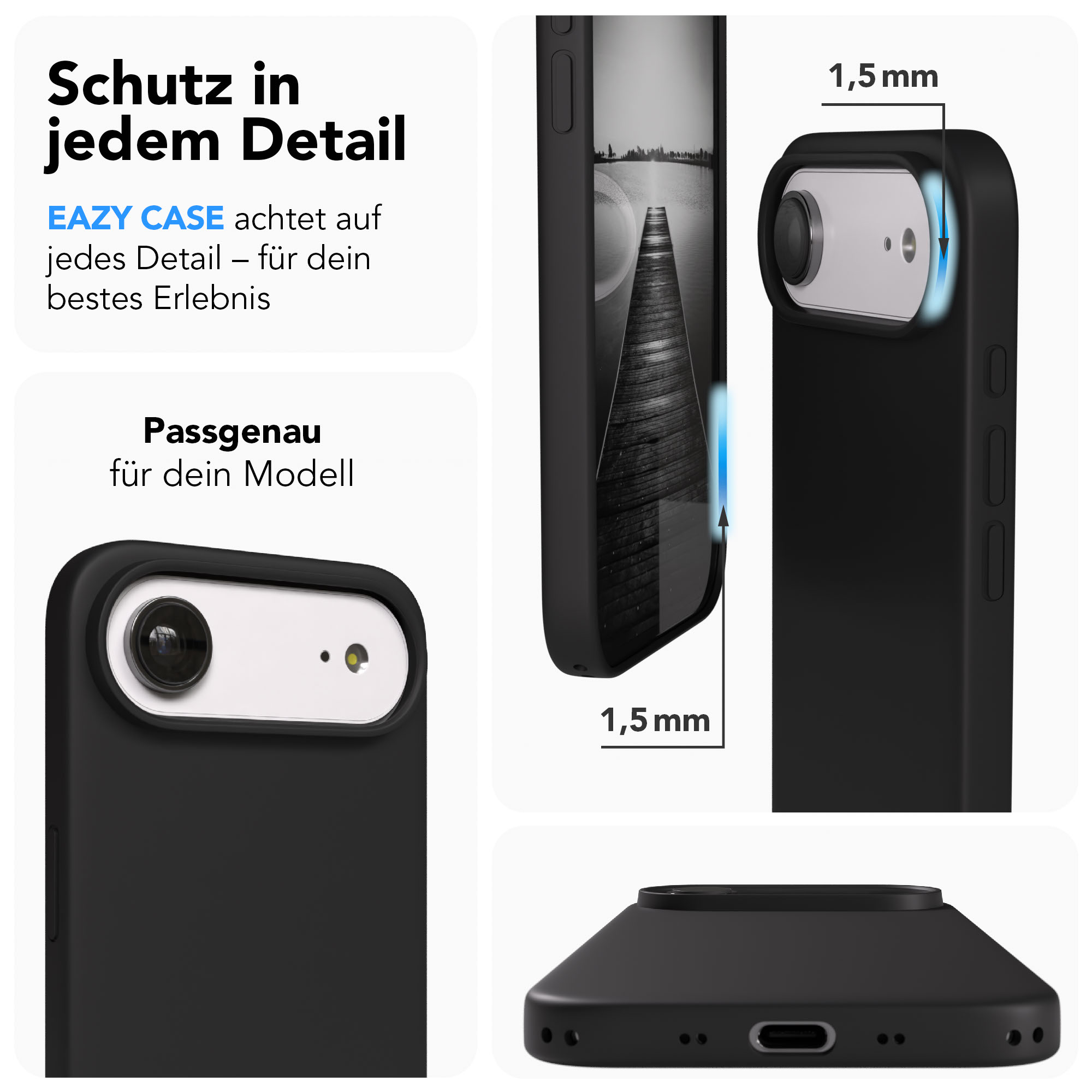 Schwarze Handyhülle mit Kamerausschnitt und 1,5mm Rand.