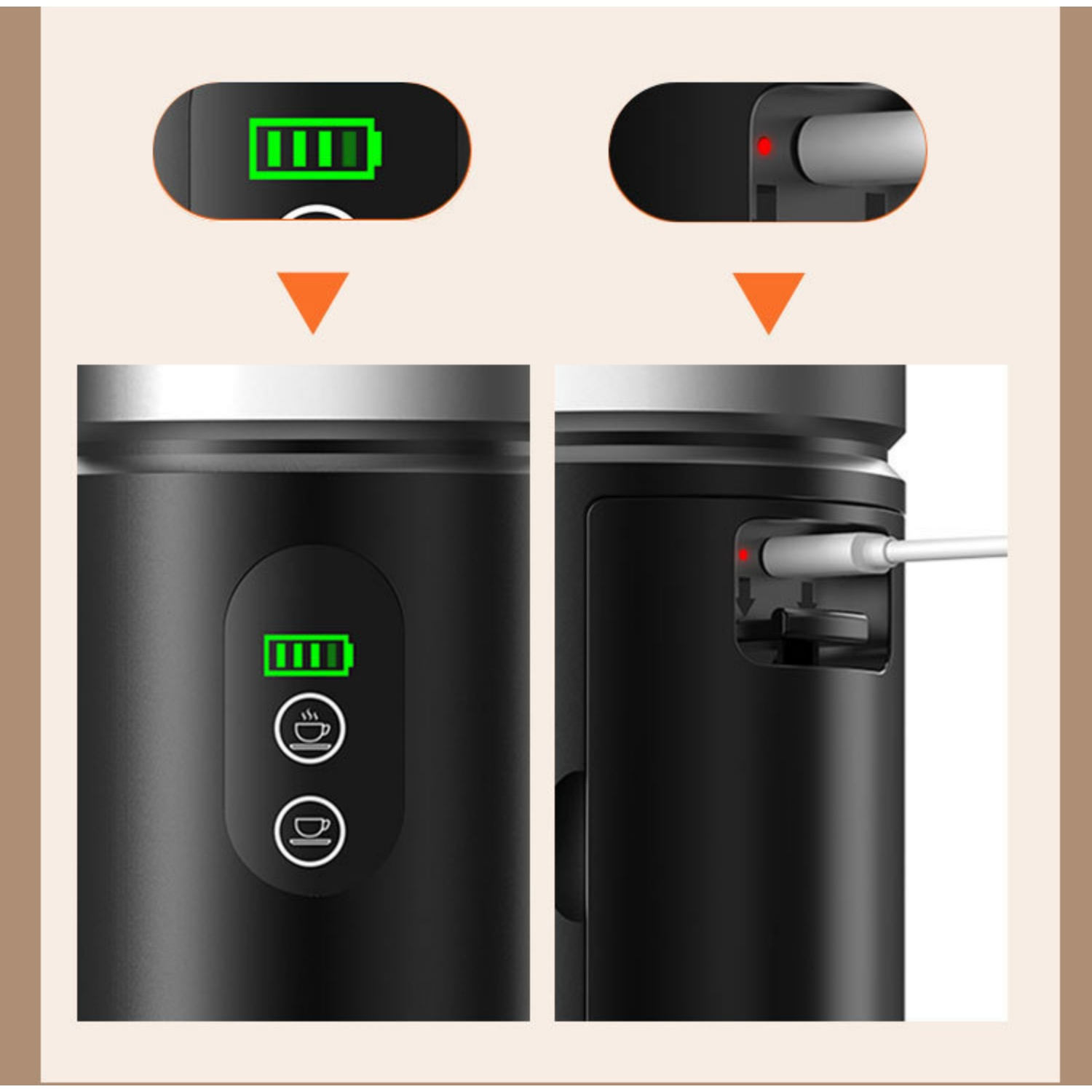 Ein schwarzes Gerät mit Batterieanzeige und Ladeanschluss.