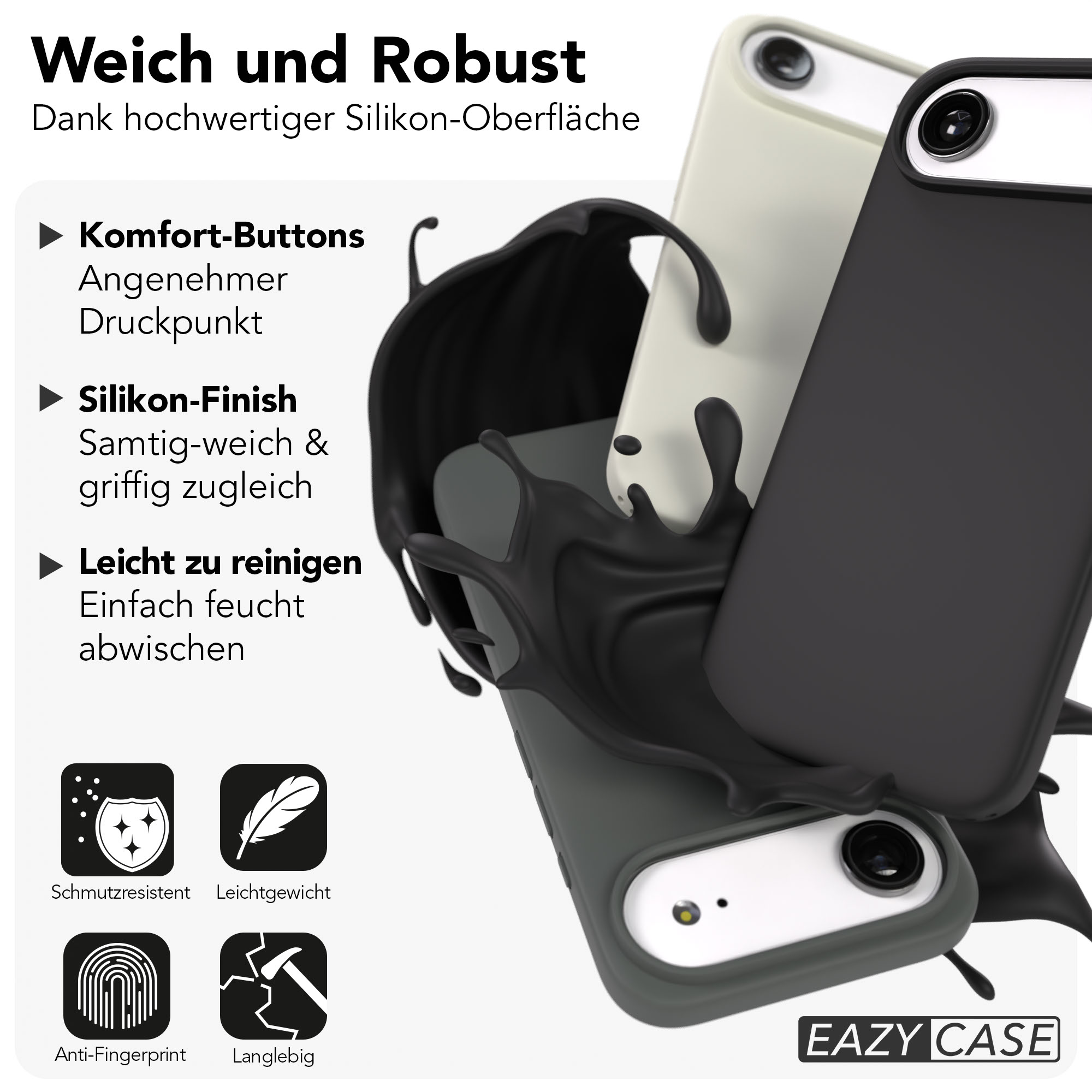 Drei Silikonhüllen in Schwarz, Weiß und Grün, umgeben von schwarzer Flüssigkeit.