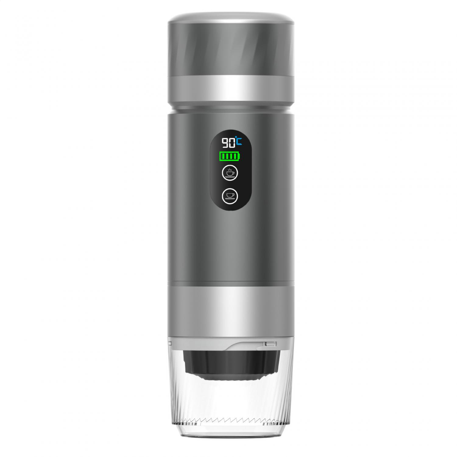 Grauer und silberner elektrischer Mini-Mixer mit digitaler Anzeige für 90°C und Akkustand.