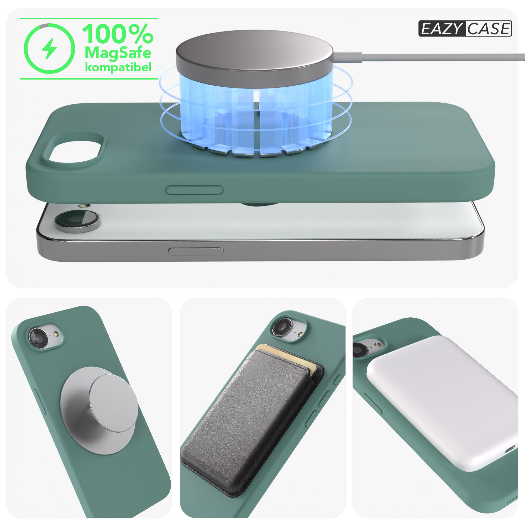 Grüne Hülle für iPhone mit MagSafe-Ladegerät und Zubehör.