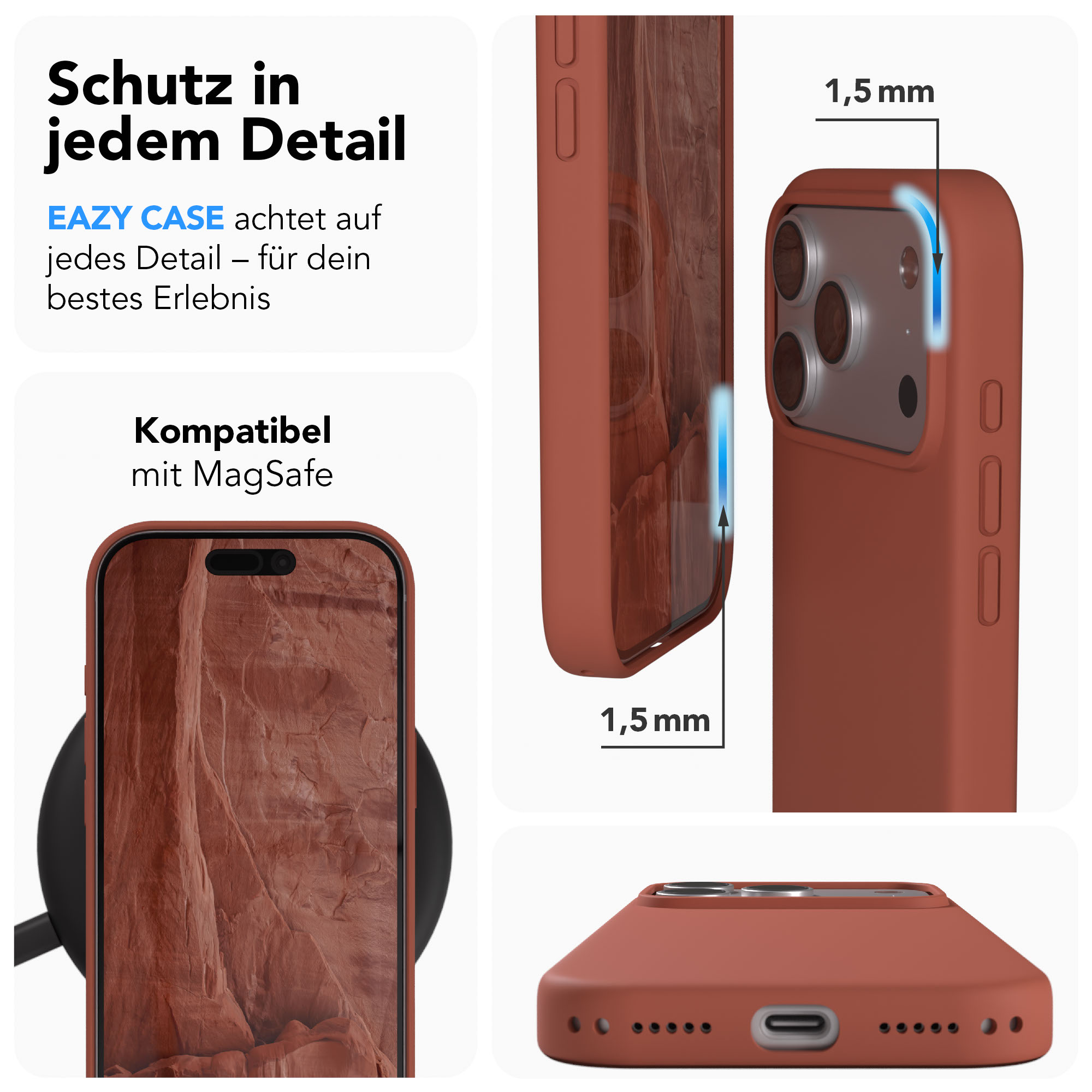 Braune Handyhülle mit Fokus auf Details, 1,5 mm Dicke und MagSafe-Kompatibilität.