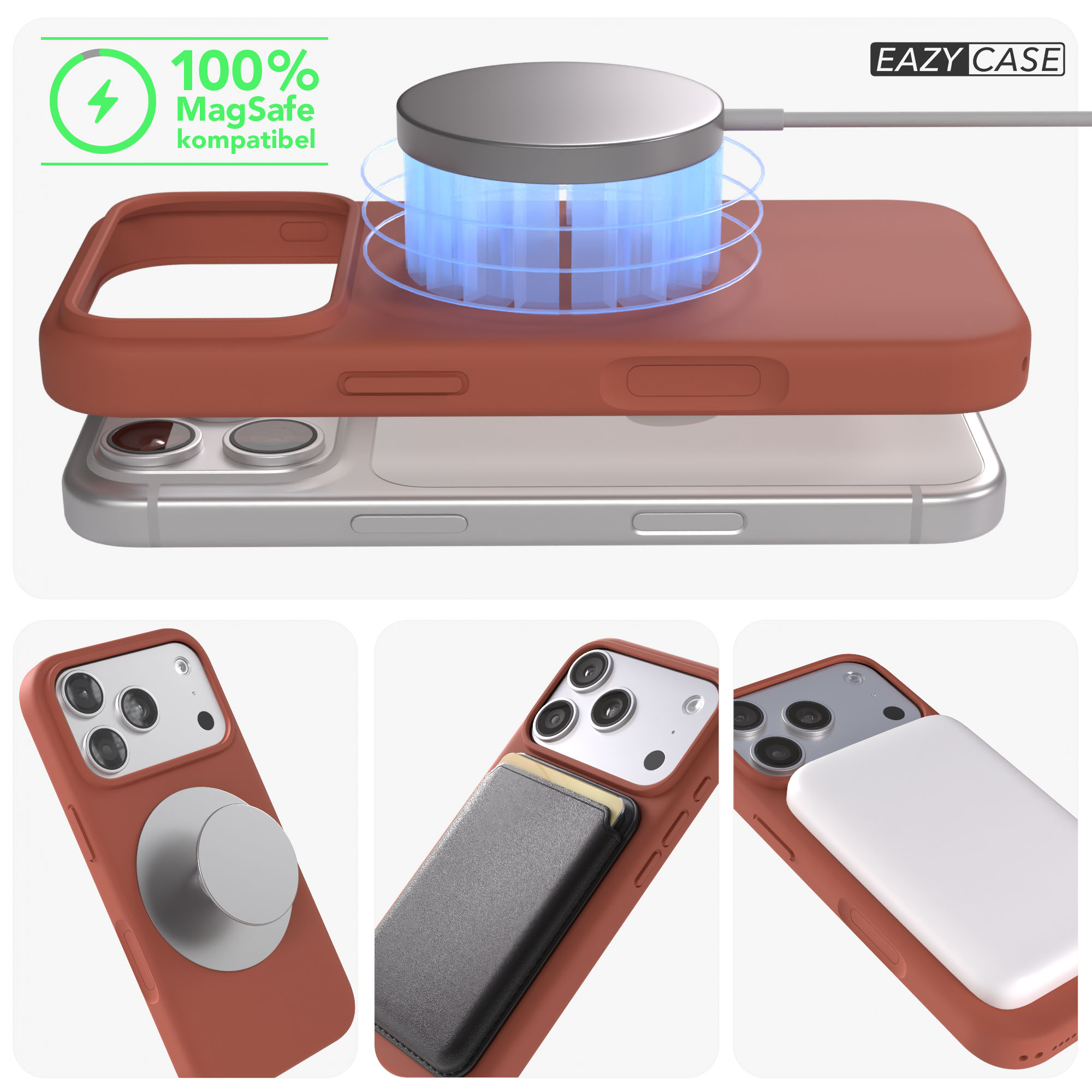 Ein rotes iPhone-Case mit MagSafe-Ladegerät, Pop-Socket und Kartenhalter.