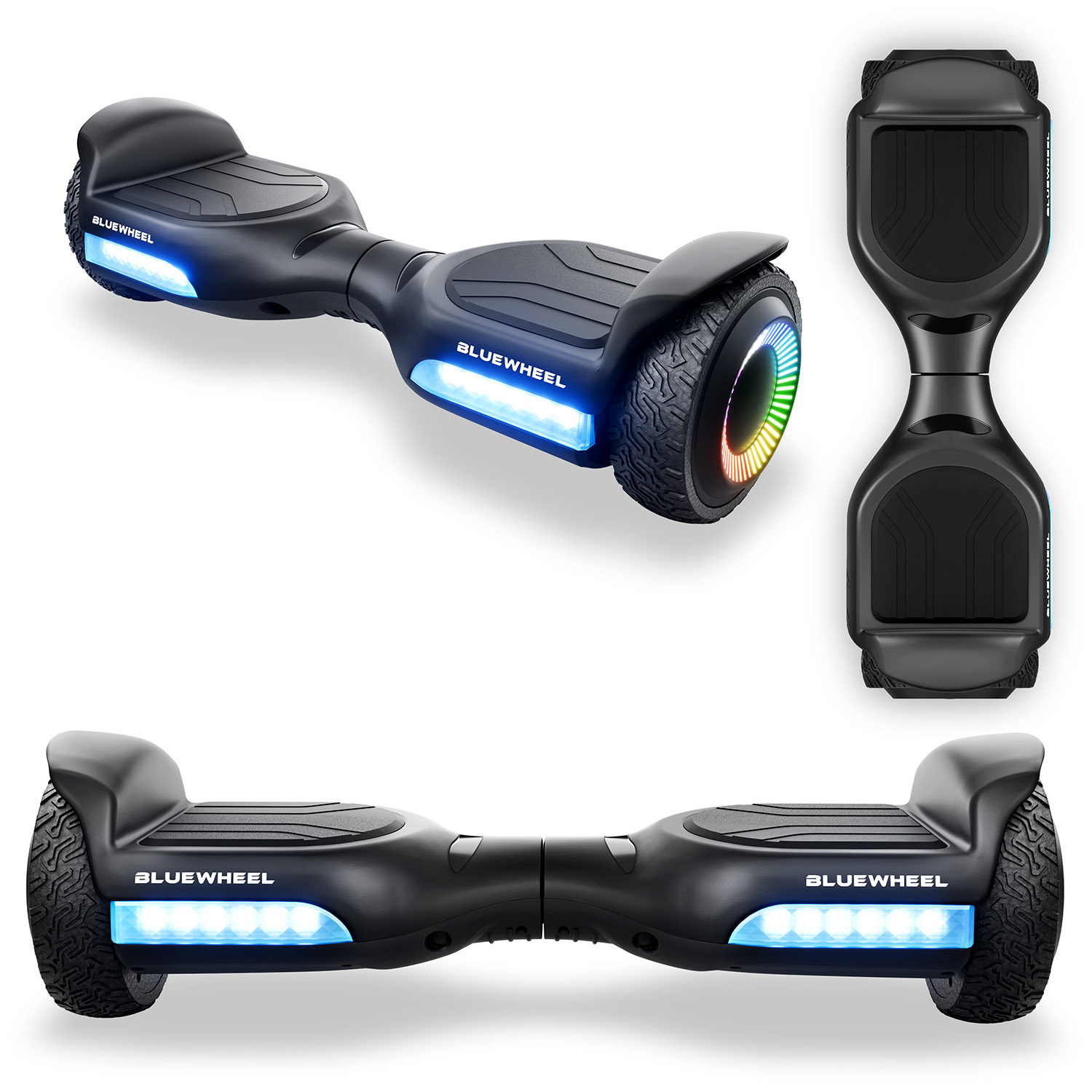 Schwarzer Hoverboard mit blauen Lichtern und bunten Radlichtern.