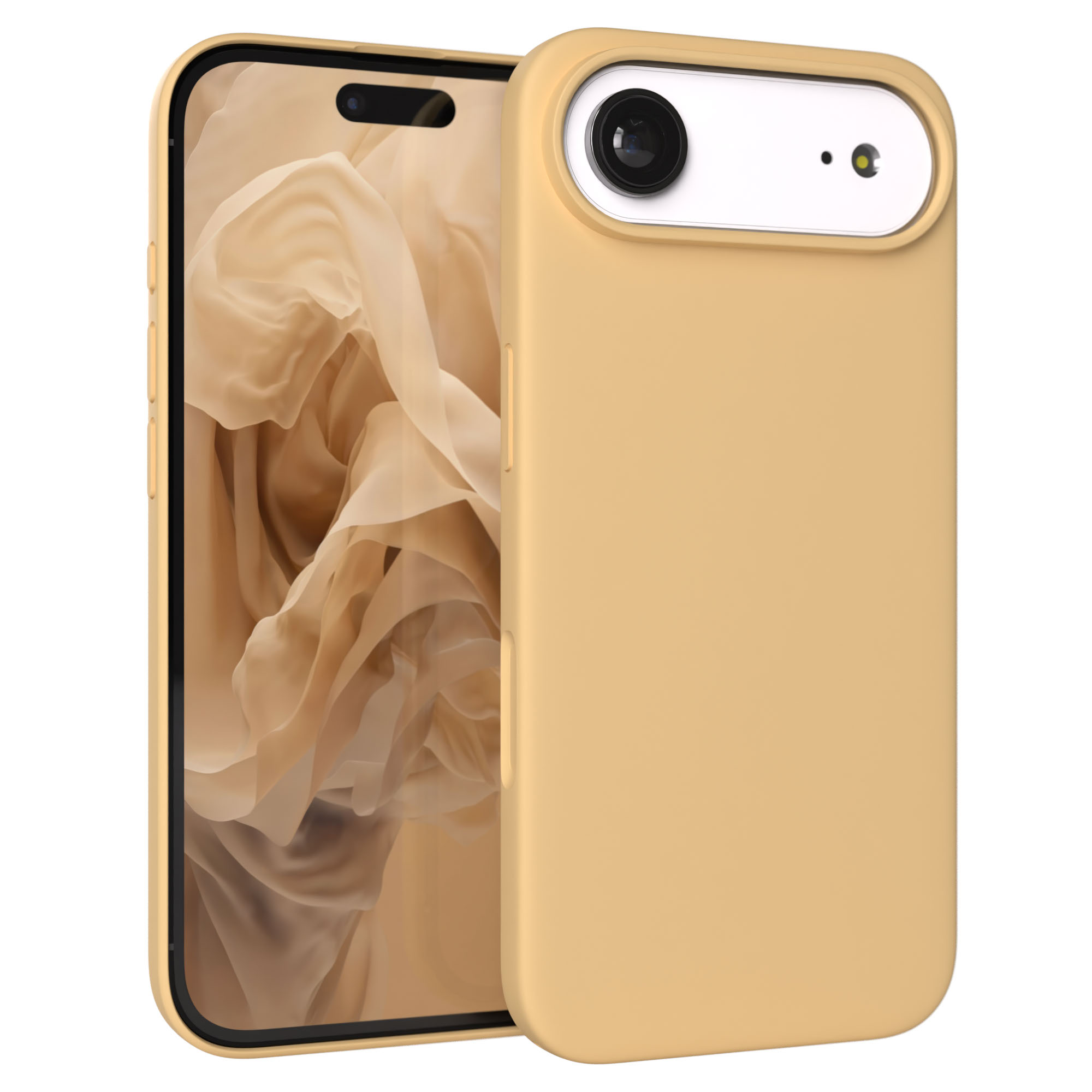 Ein gelbes Smartphone mit einer Kamera und einem Stoffhintergrund.