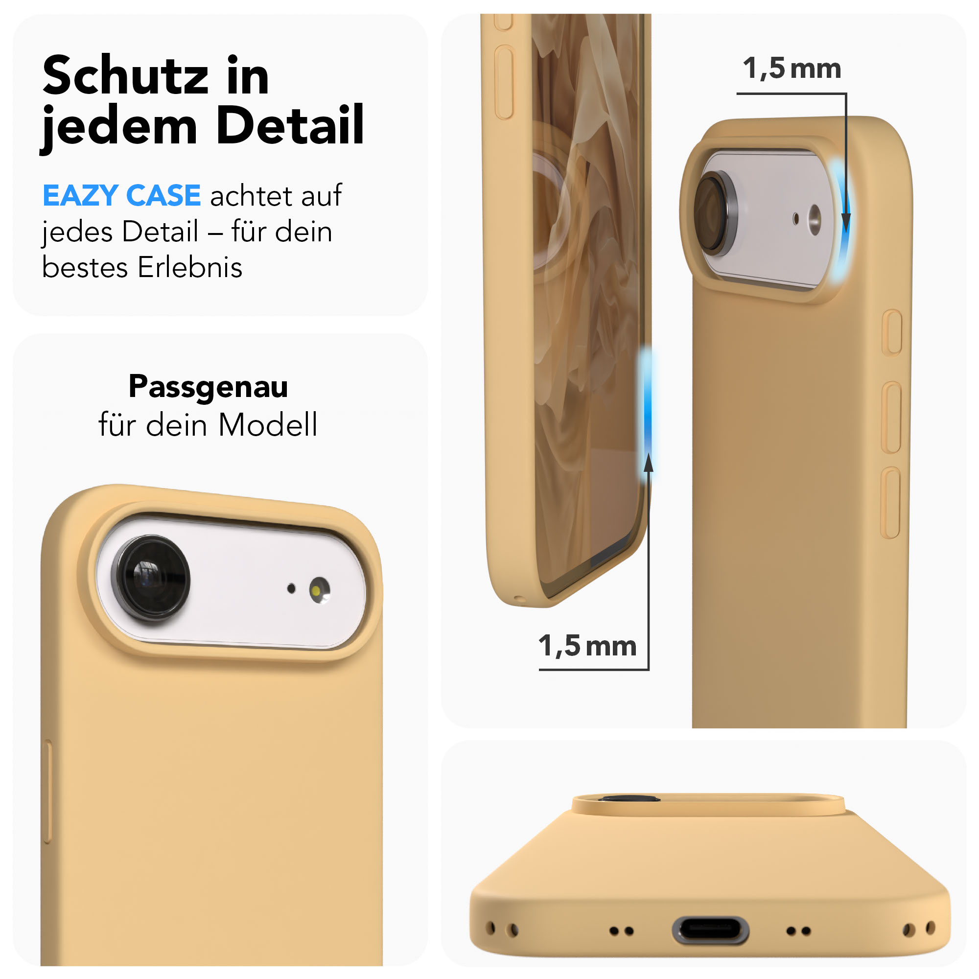 Ein gelbes Handycase mit Kameraausschnitt und 1,5 mm Dicke.