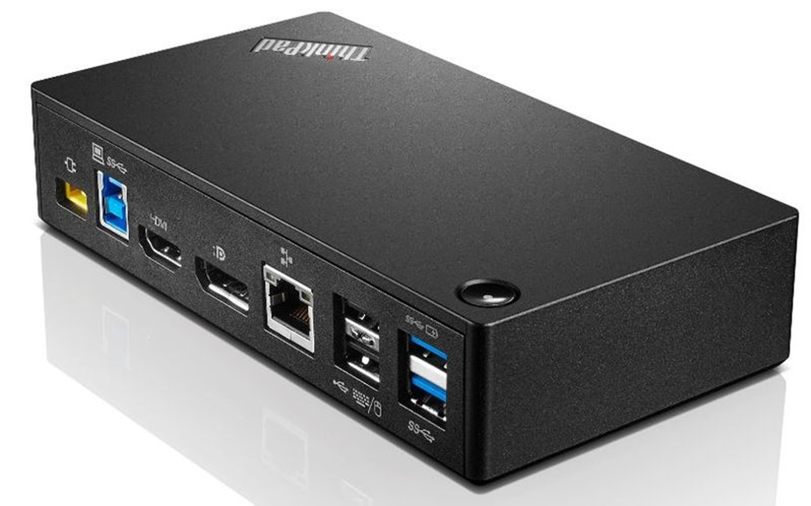 Czarny port dokujący ThinkPad ze złączami USB-C, HDMI i Ethernet.