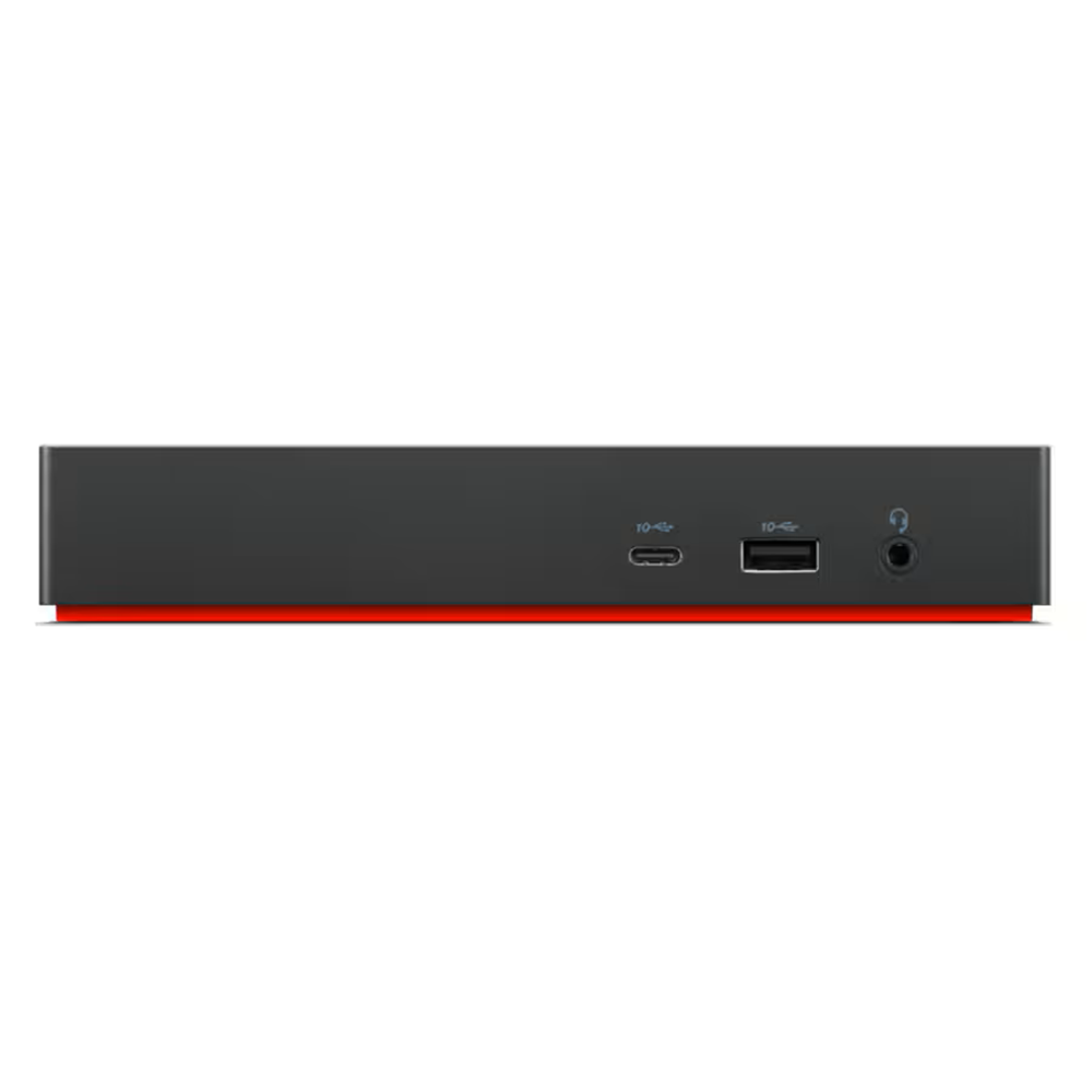 Schwarzes Gerät mit rotem Streifen, USB-C-, USB-A- und Kopfhöreranschluss.