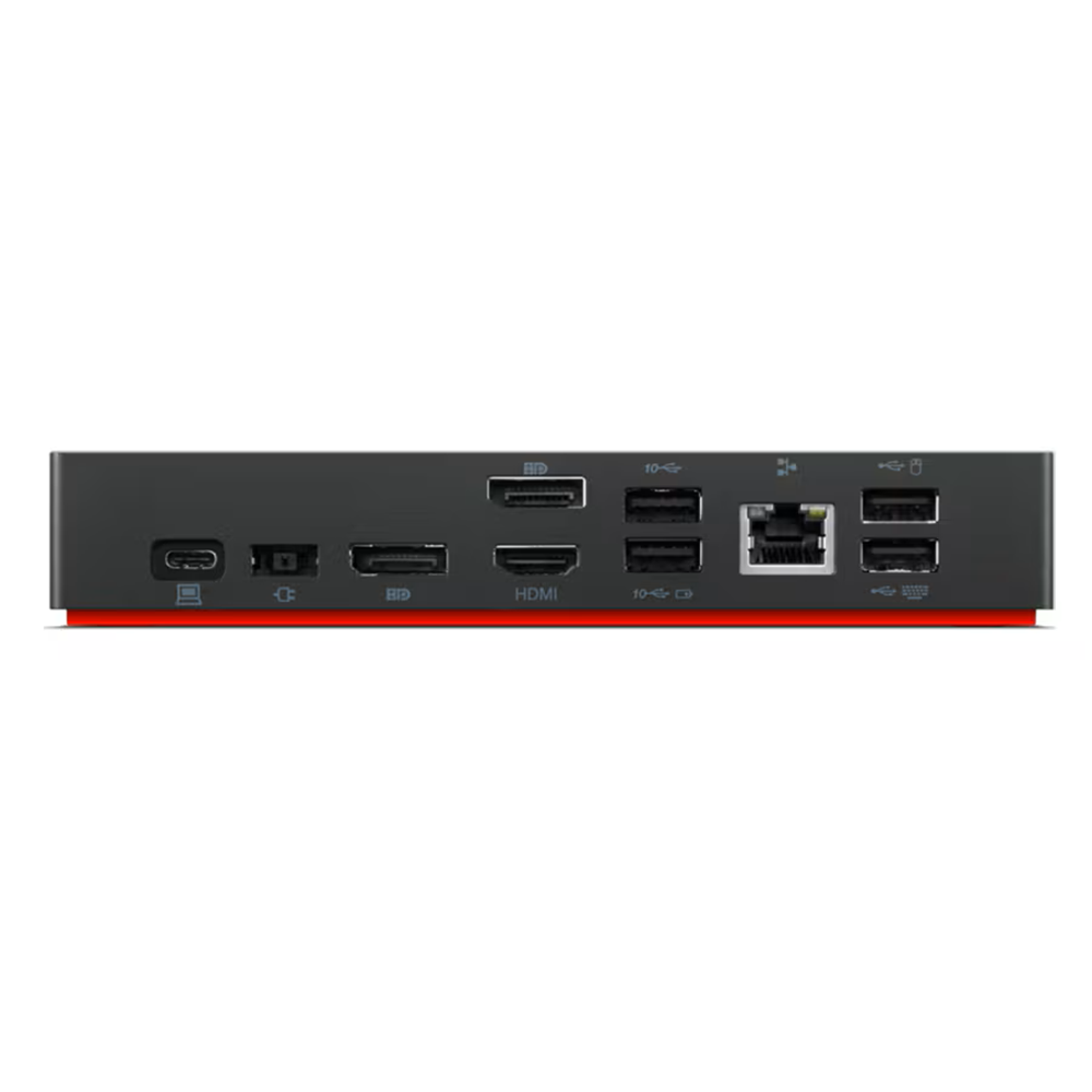 Schwarze Dockingstation mit USB-C-, HDMI-, Ethernet- und USB-A-Anschlüssen.