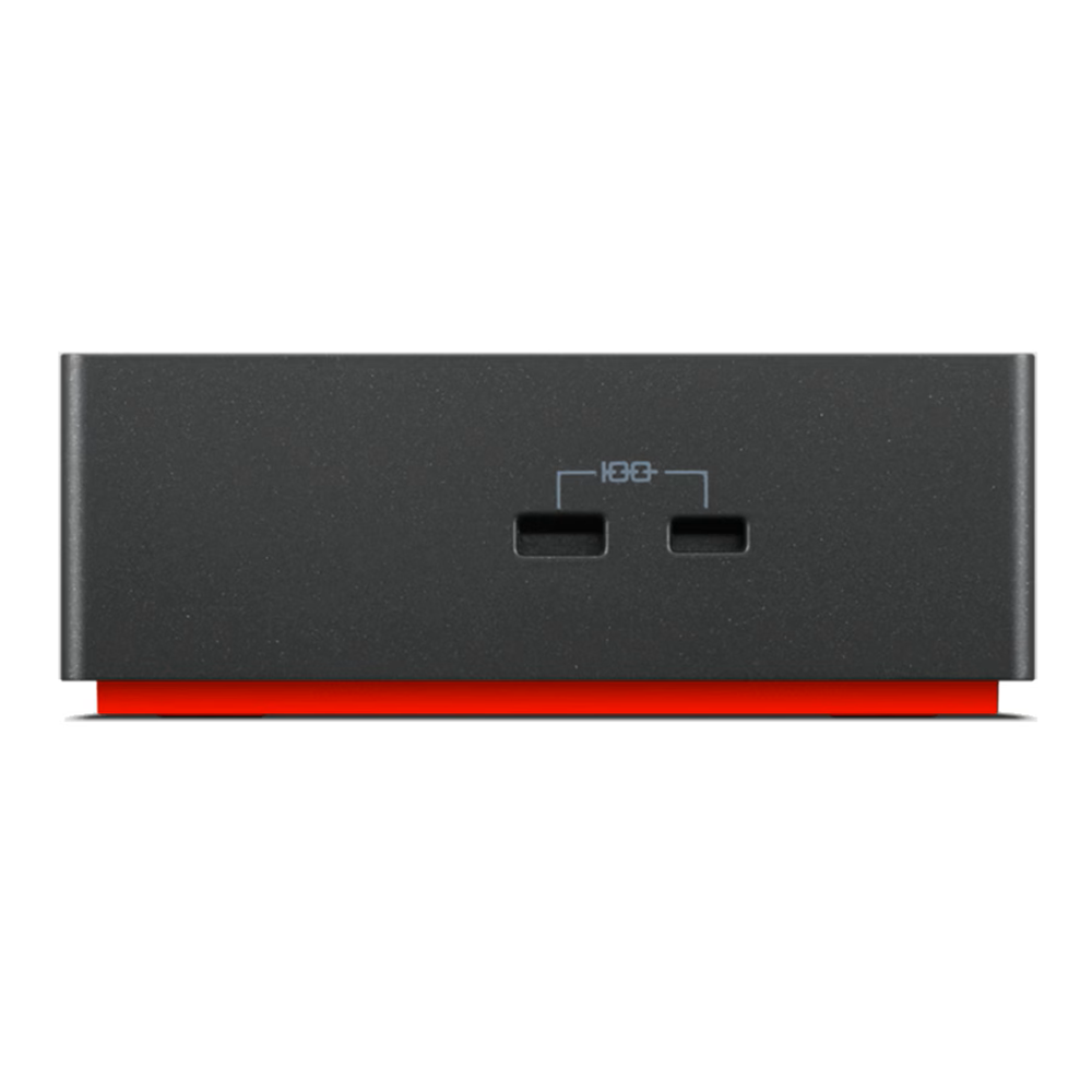 Schwarzes rechteckiges Gerät mit zwei USB-Anschlüssen und rotem Sockel.