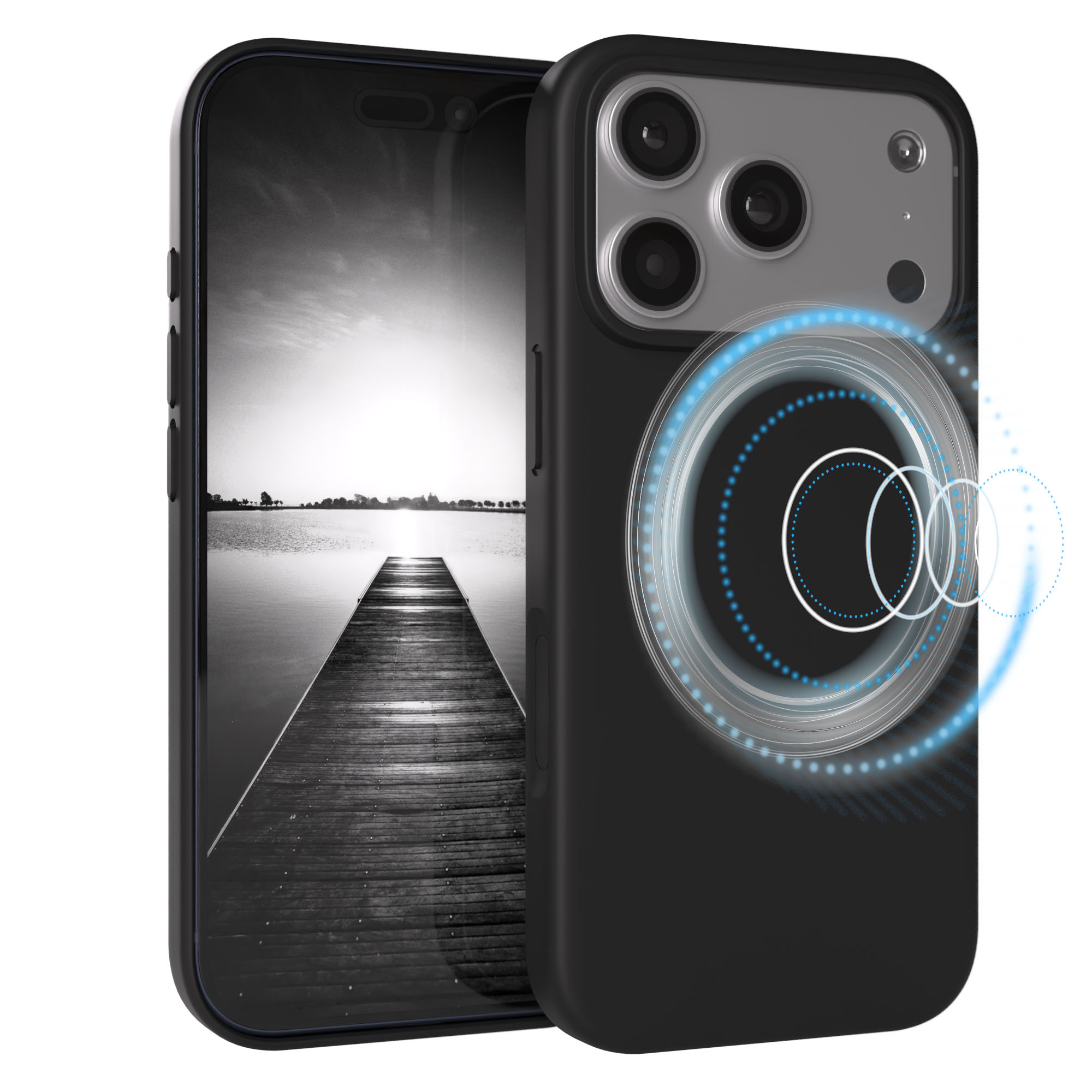 Schwarzes Handy mit Kameras und magnetischer Ladeanzeige. Sonnenuntergang über Wasser.