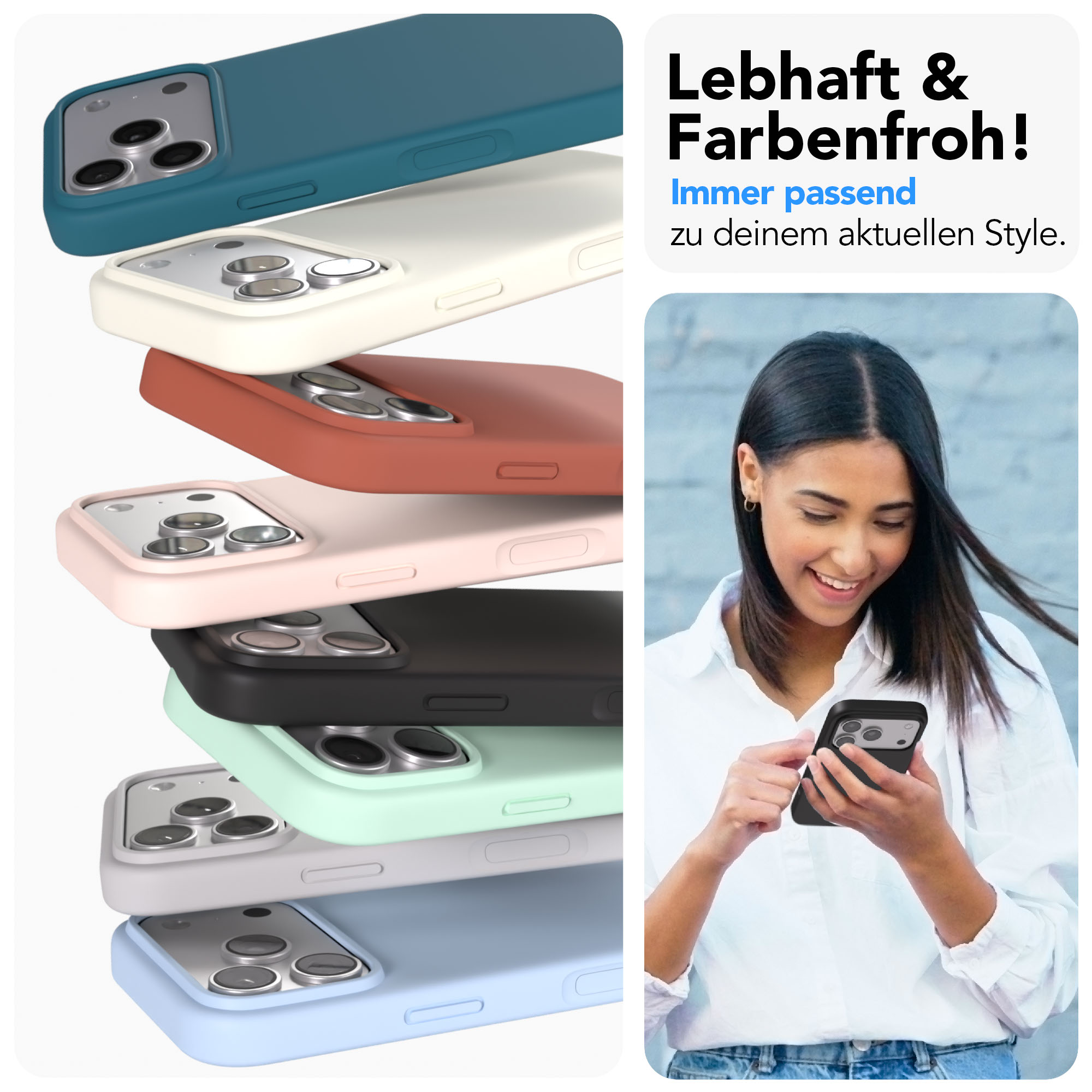 Stapel bunter Handyhüllen neben einer Frau mit Handy.