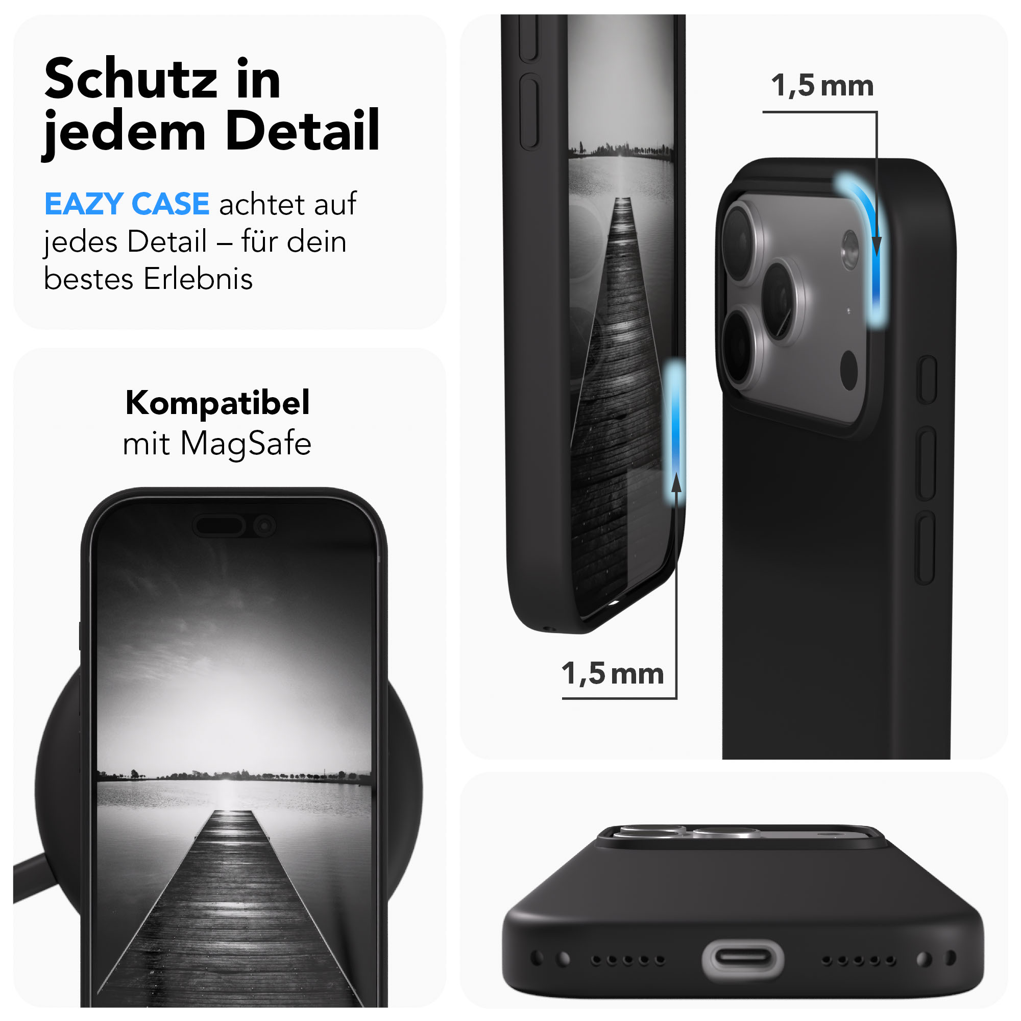 Schwarze Handyhülle mit einem 1,5 mm Rand, kompatibel mit MagSafe.