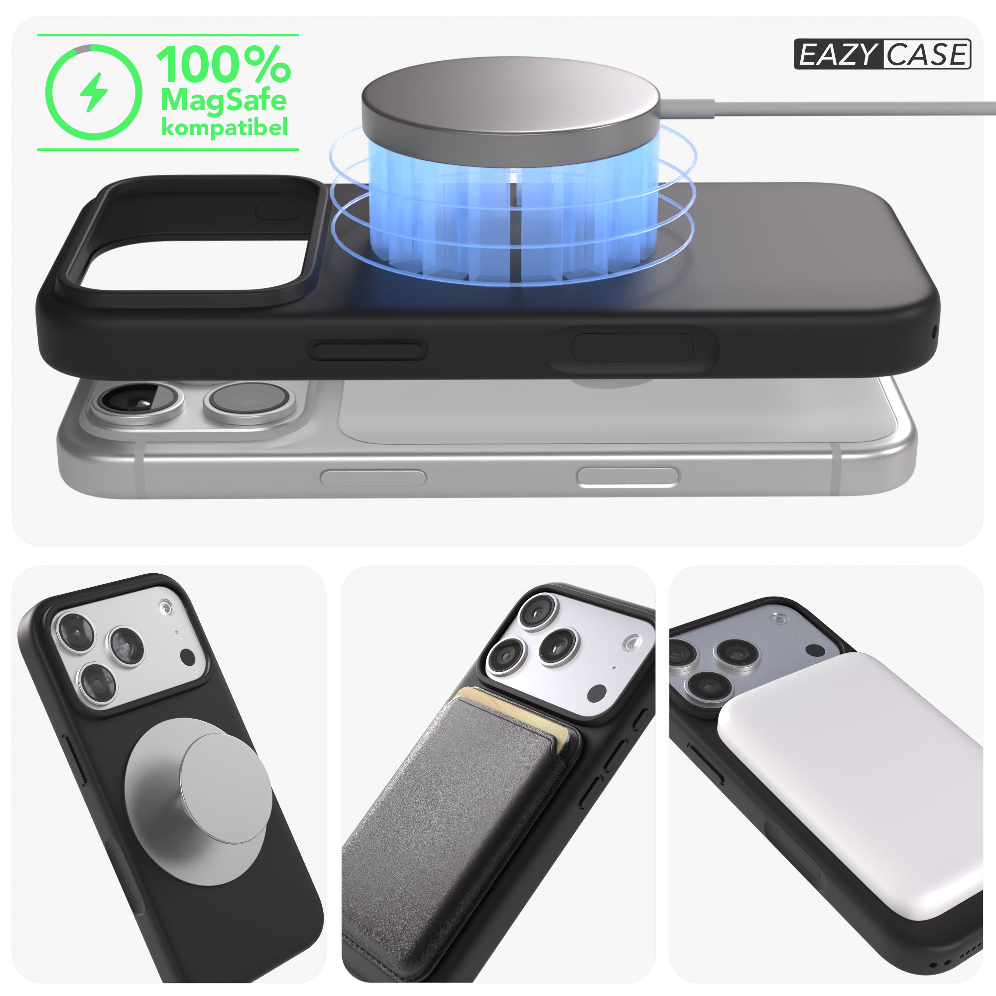 Ein schwarzes iPhone-Case mit MagSafe-Ladegerät, Kartenhalter und Powerbank.