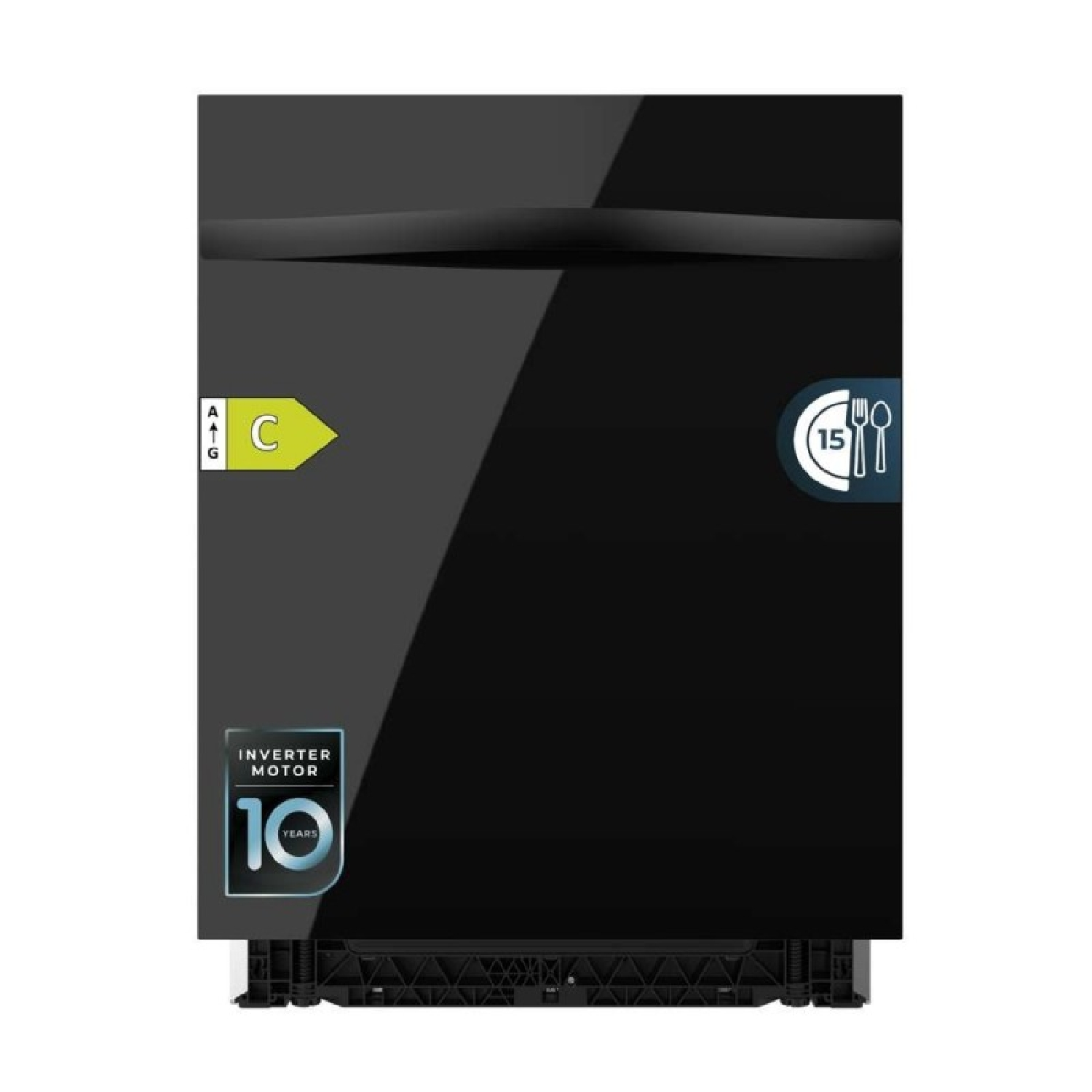 Lavavajillas negro con clase de eficiencia energética C y 15 servicios.