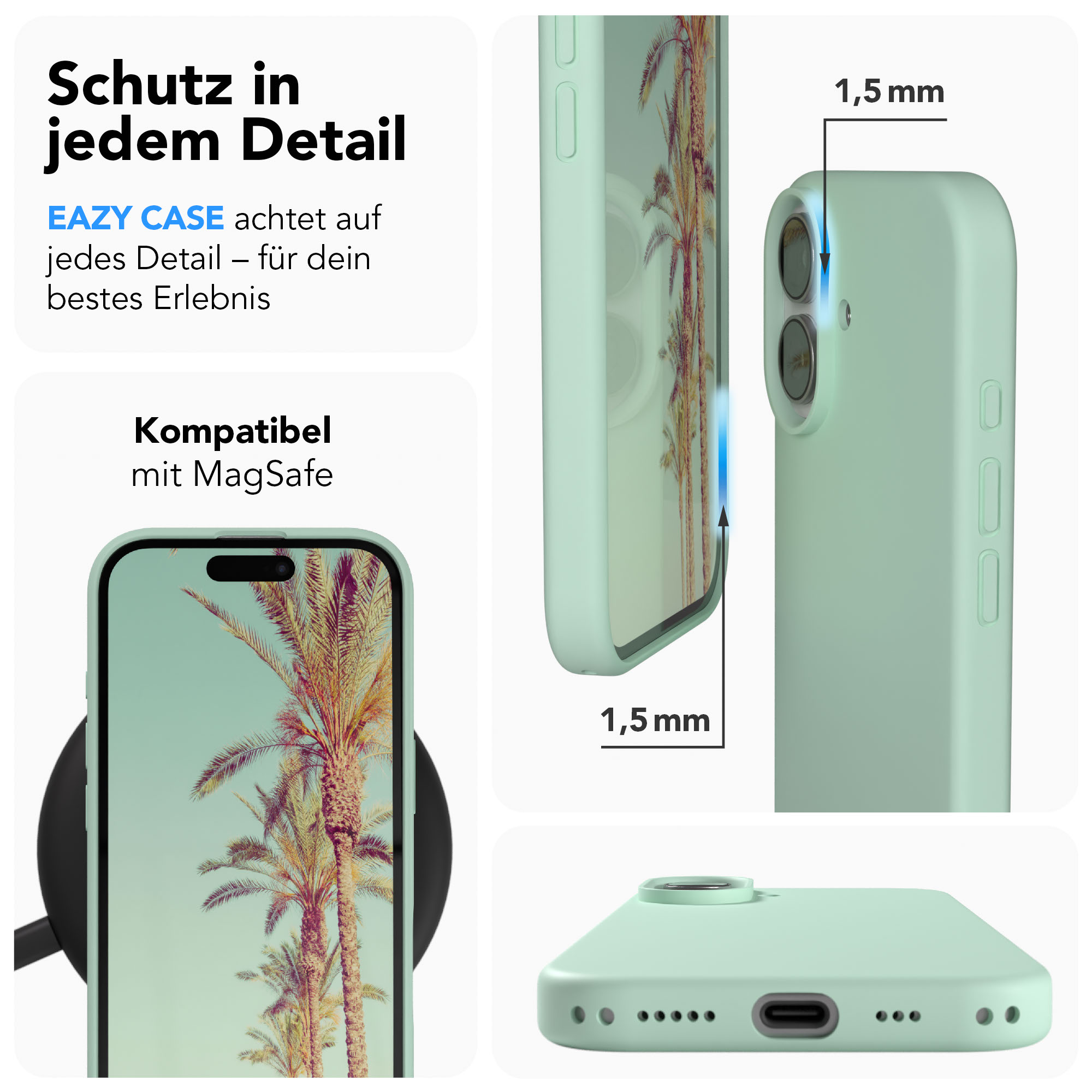 Eine hellgrüne Handyhülle mit Palmenmuster-Telefon im Inneren. 1,5 mm Dicke.