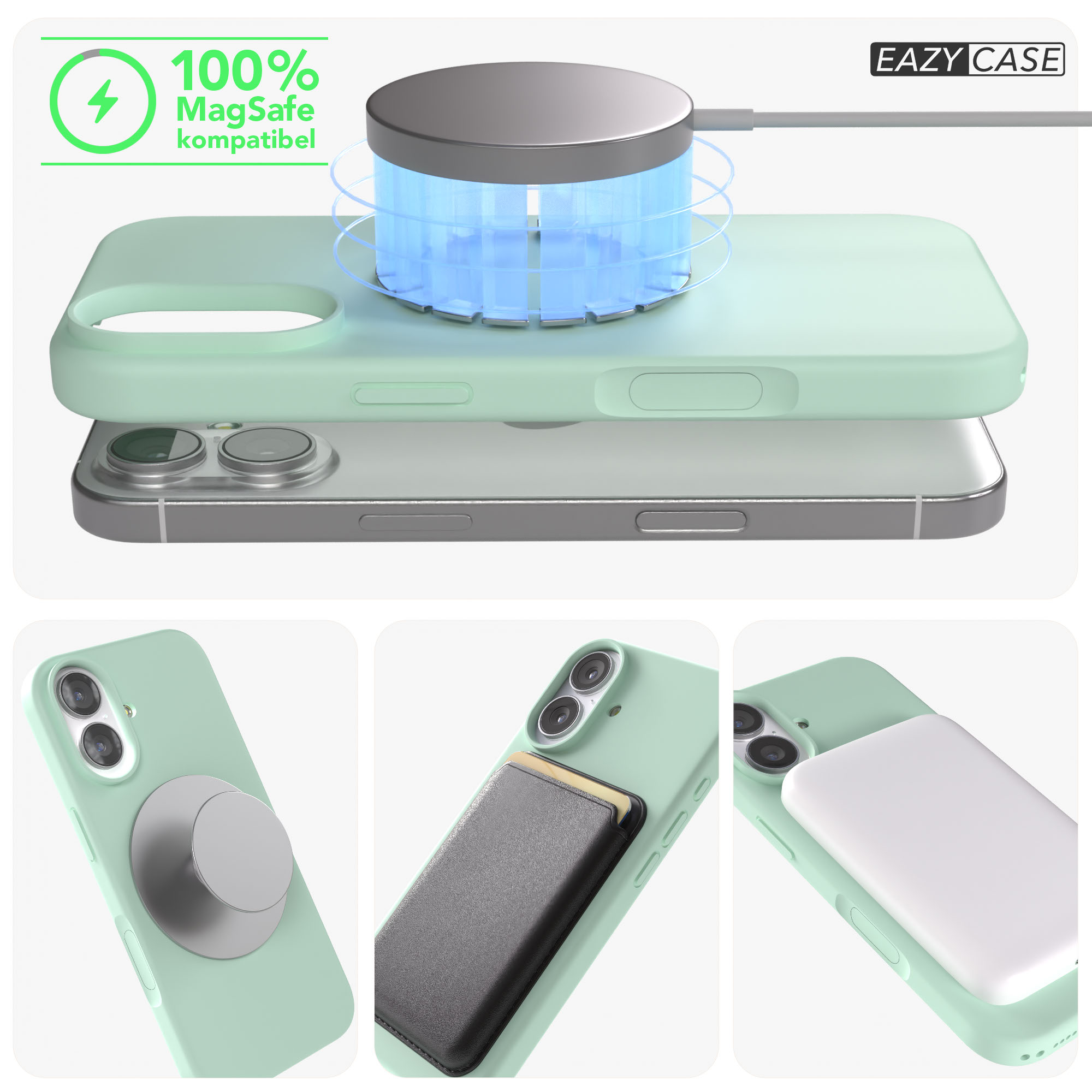 Ein mintgrünes iPhone-Case mit MagSafe-Zubehör: Ladegerät, Kartenhalter, Akku.