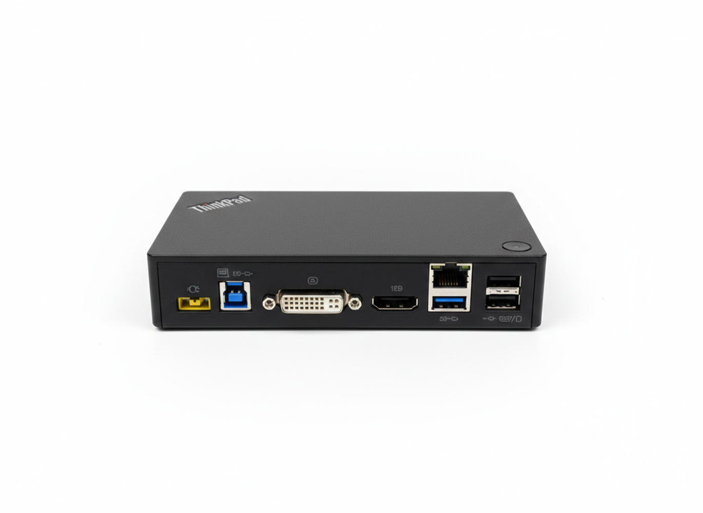Rückseite eines schwarzen ThinkPad Mini-PCs mit Anschlüssen wie USB, DVI, HDMI, Ethernet und Strom.