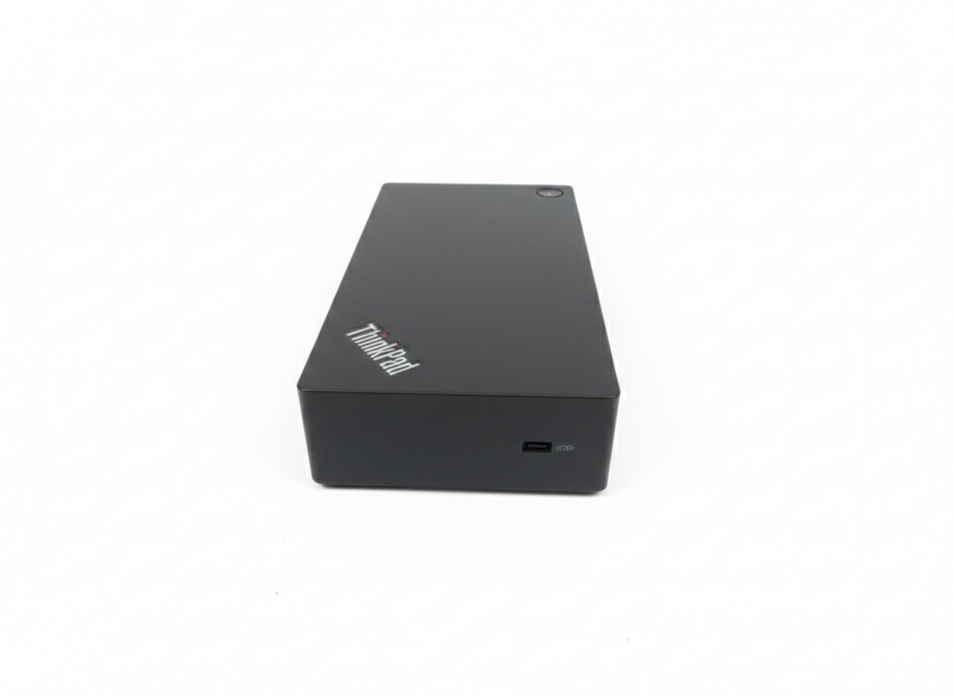 Ein schwarzes ThinkPad-Dockingstation-Gerät auf weißem Hintergrund.