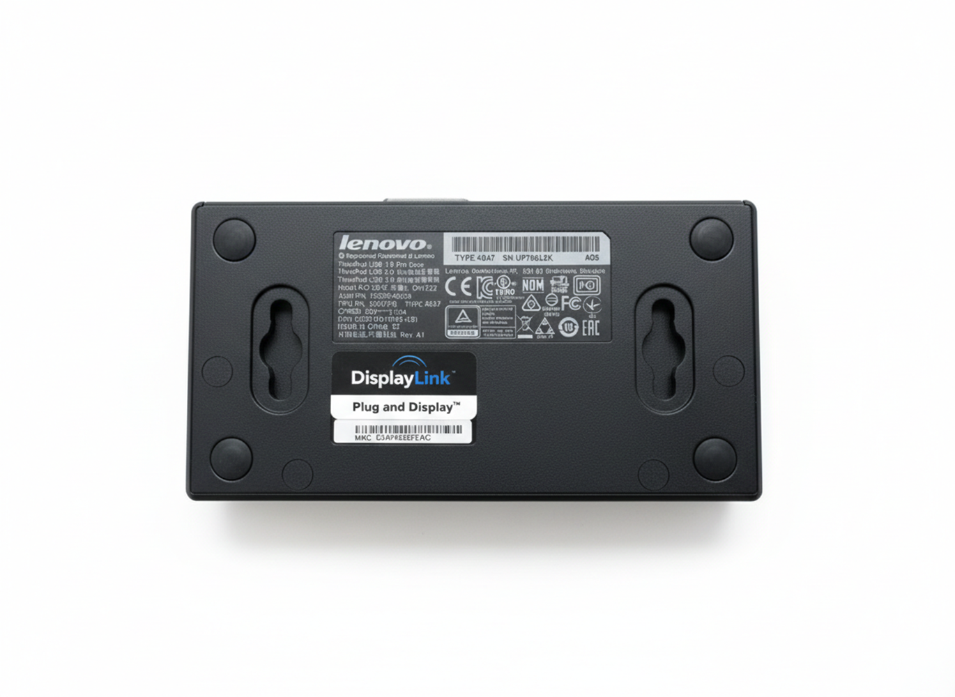 Unterseite eines schwarzen Lenovo Docking-Adapters mit Beschriftungen und Anschlüssen.