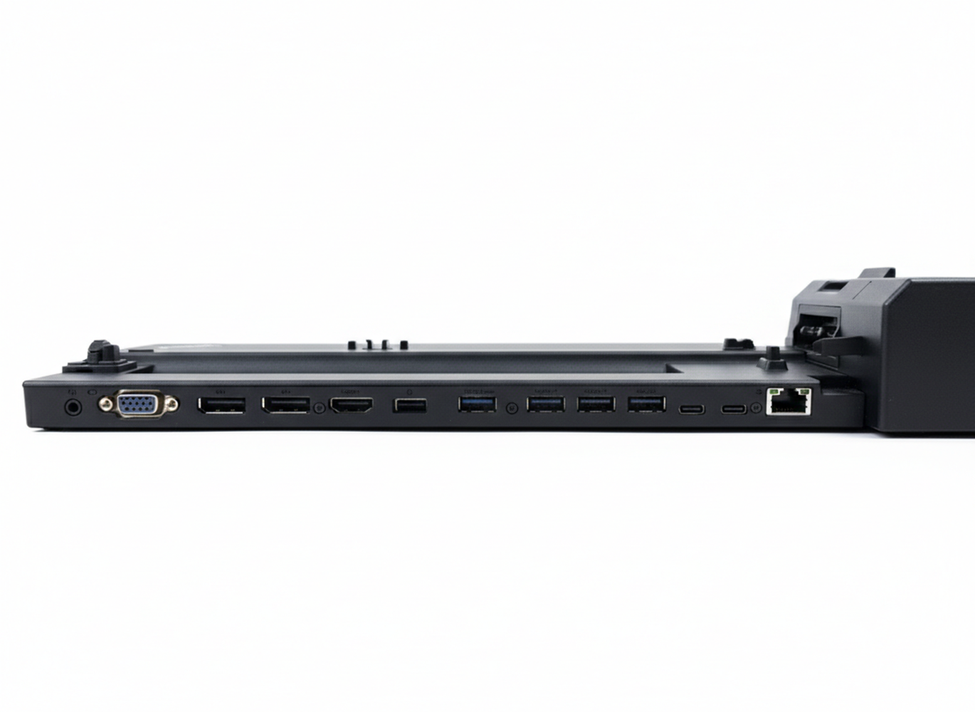 Schwarzer Docking-Port mit vielen Anschlüssen wie VGA, USB, HDMI und Ethernet.