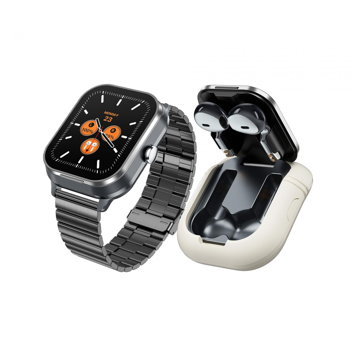 Silberne Smartwatch mit schwarzem Armband und offener Ladebox mit Ohrhörern.