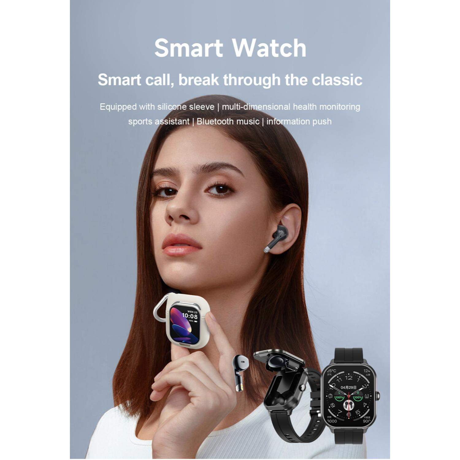 Eine Frau mit Smartwatch und Ohrhörern, die einen Smartwatch-Ständer hält.