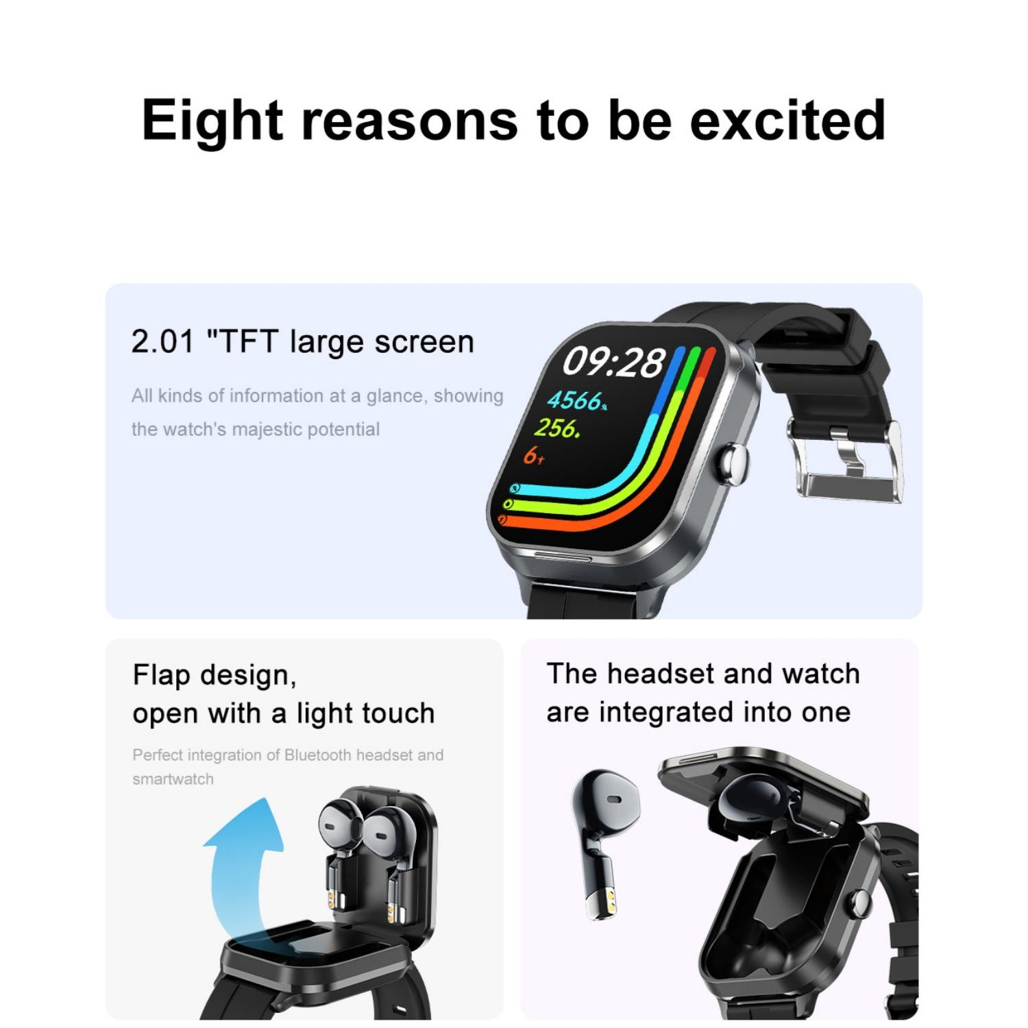 Smartwatch mit großem Bildschirm und integrierten Ohrhörern im Armband.