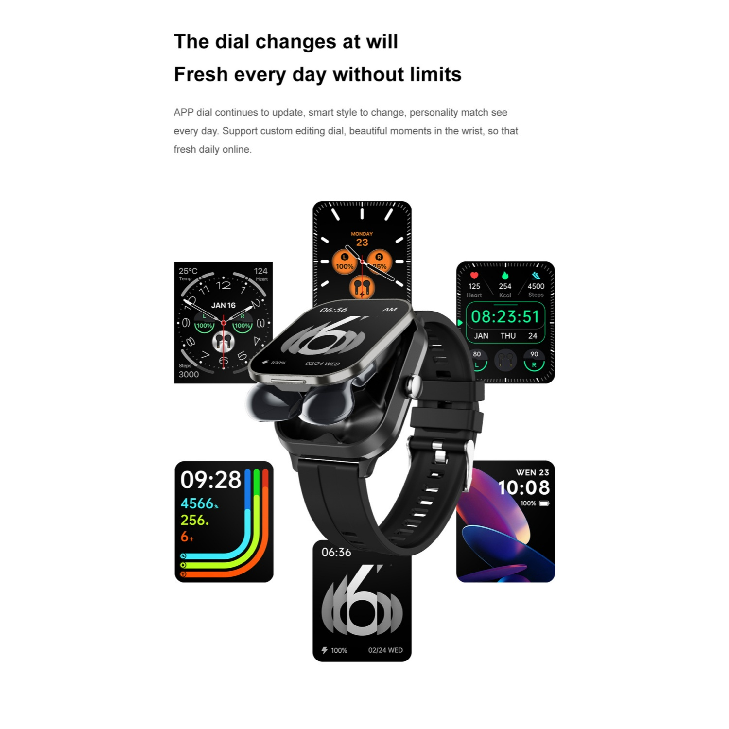 Eine Smartwatch mit mehreren Zifferblättern, die verschiedene Informationen wie Zeit, Datum und Herzfrequenz anzeigen.