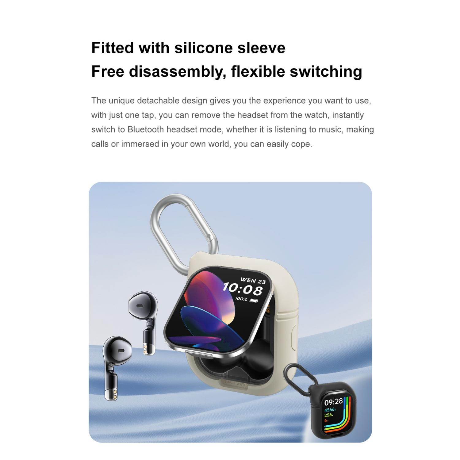 Silikonhülle mit Ohrhörern und Smartwatch-Display, eine davon mit Ladecase.