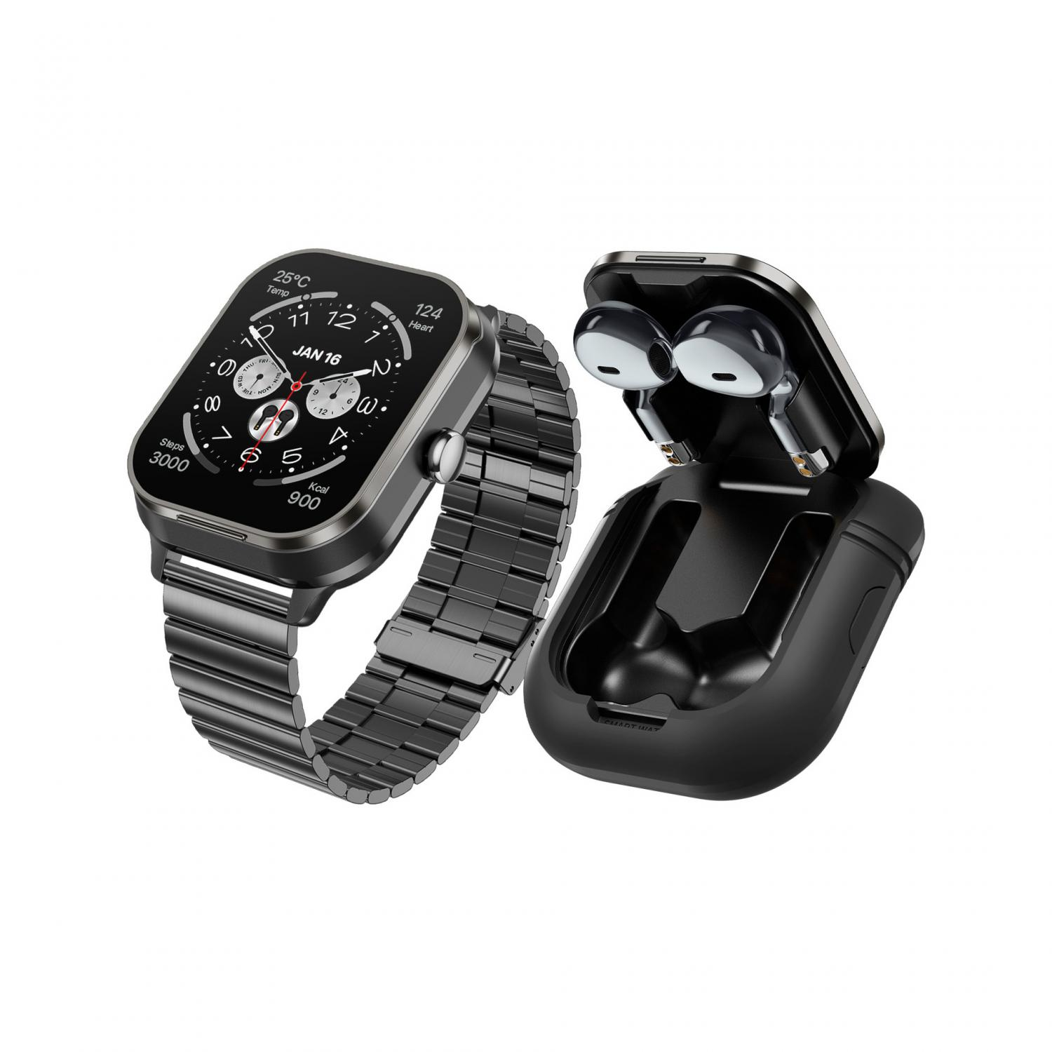 Schwarze Smartwatch mit Metallarmband und geöffnetem Ladecase mit Ohrhörern.