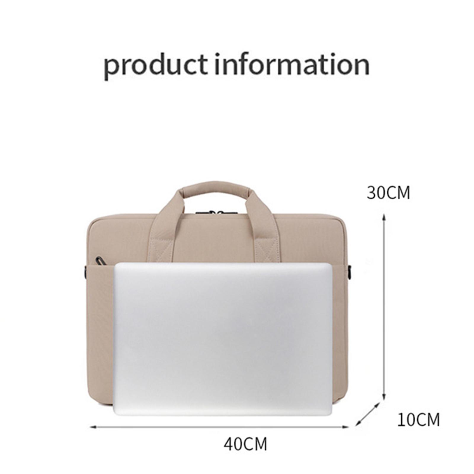 Beige Laptoptasche mit silbernem Laptop, Maße 40x30x10cm.