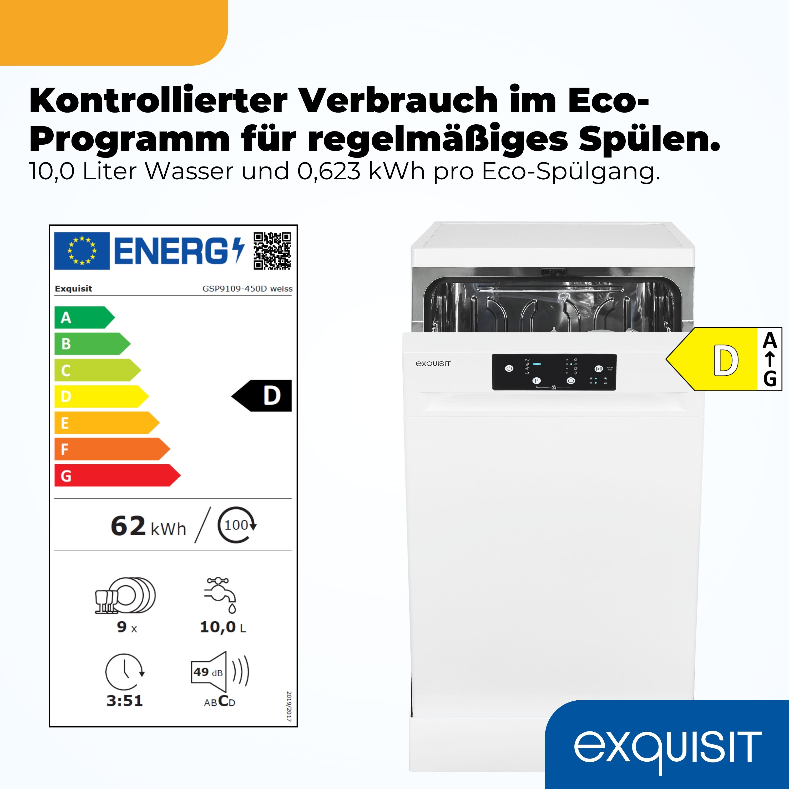 Weiße Spülmaschine mit Energie-Label Klasse D. Infos zu Verbrauch.