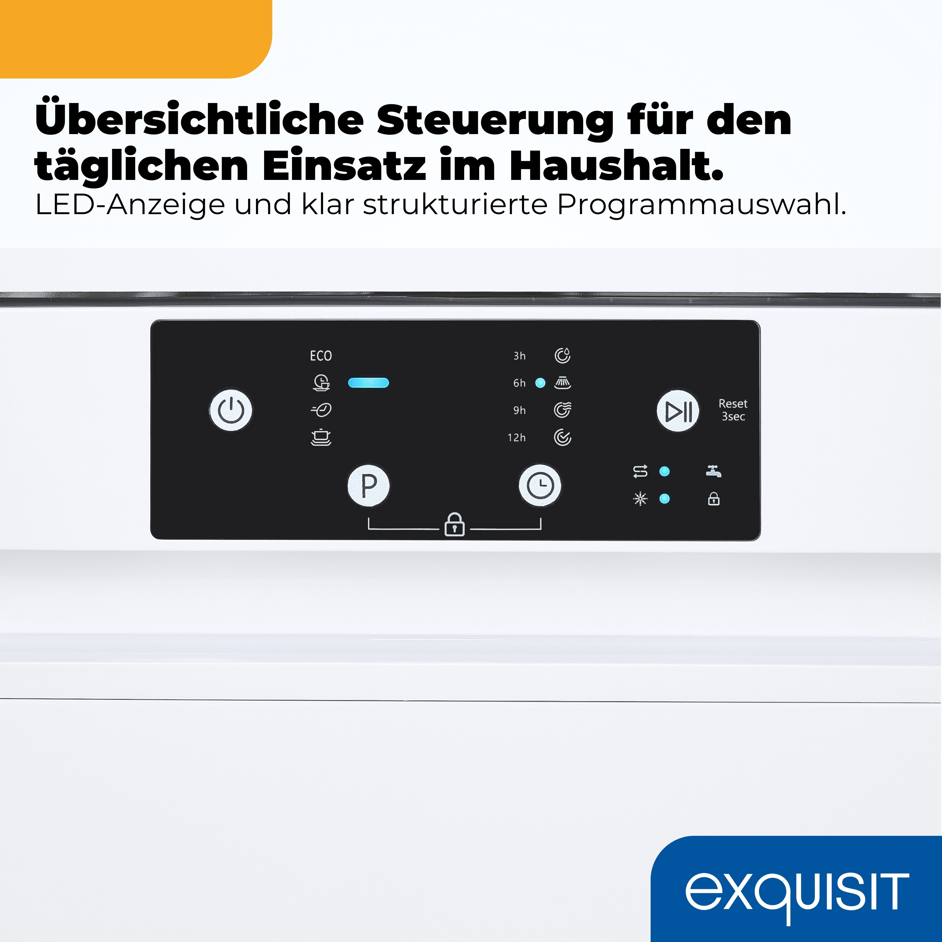 Das Bedienfeld eines Geräts mit ECO-Modus, Zeitwahl und Programmsymbolen.