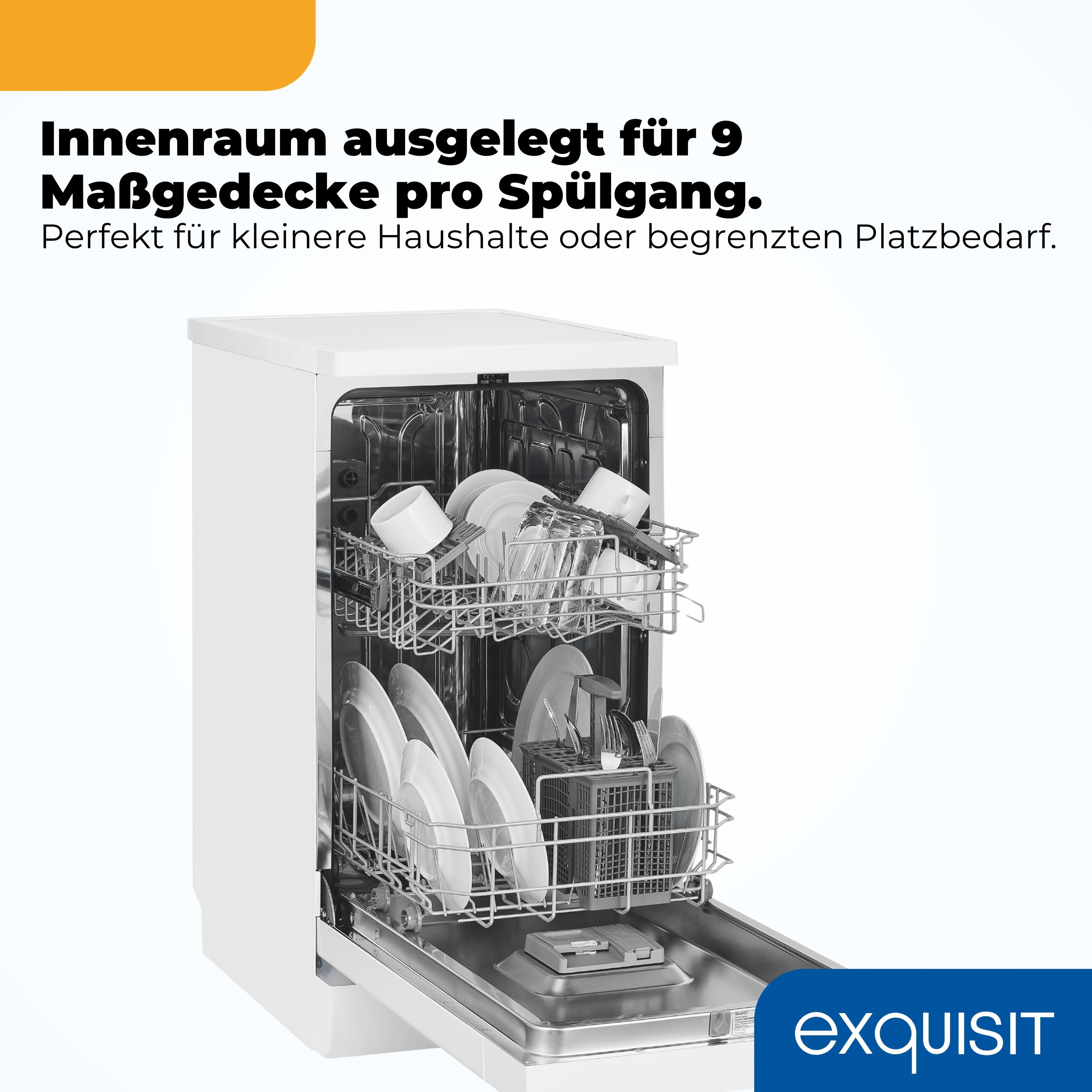 Ein weißer Geschirrspüler mit geöffneter Tür zeigt zwei Körbe voller Geschirr.