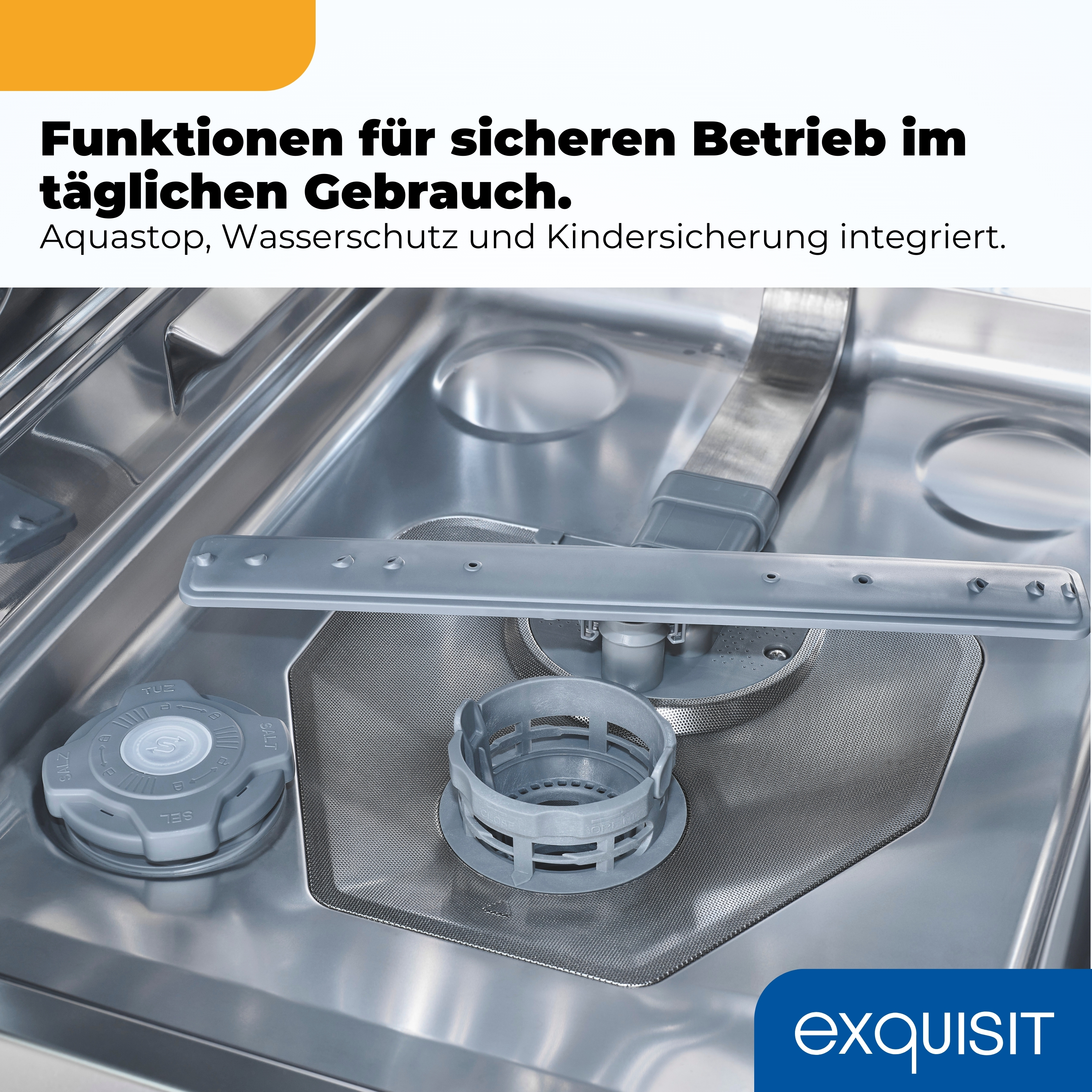 Innenansicht einer Spülmaschine mit Salzbehälter und Sprüharm.