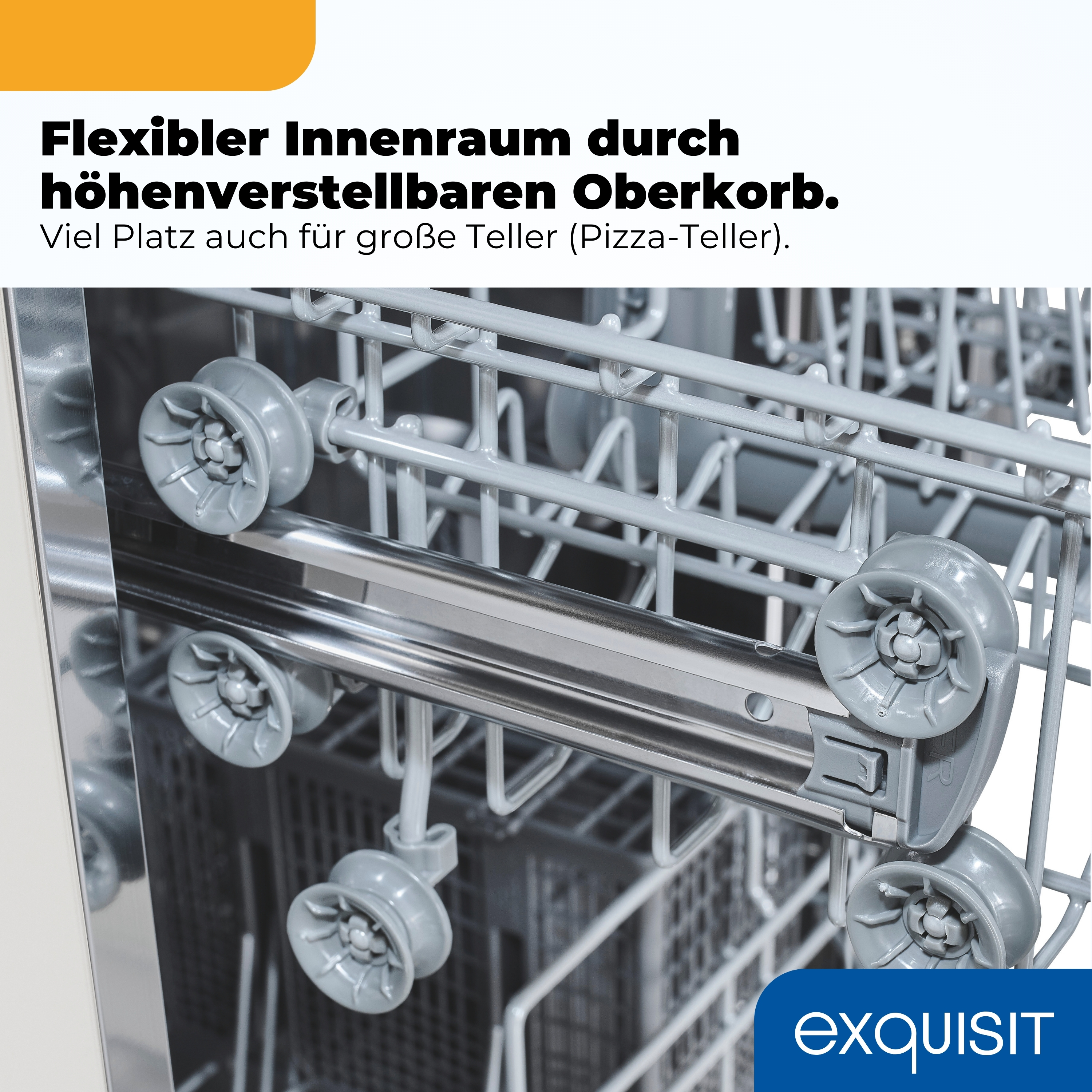 Nahaufnahme der grauen Rollen und des Korbs eines Geschirrspülers.