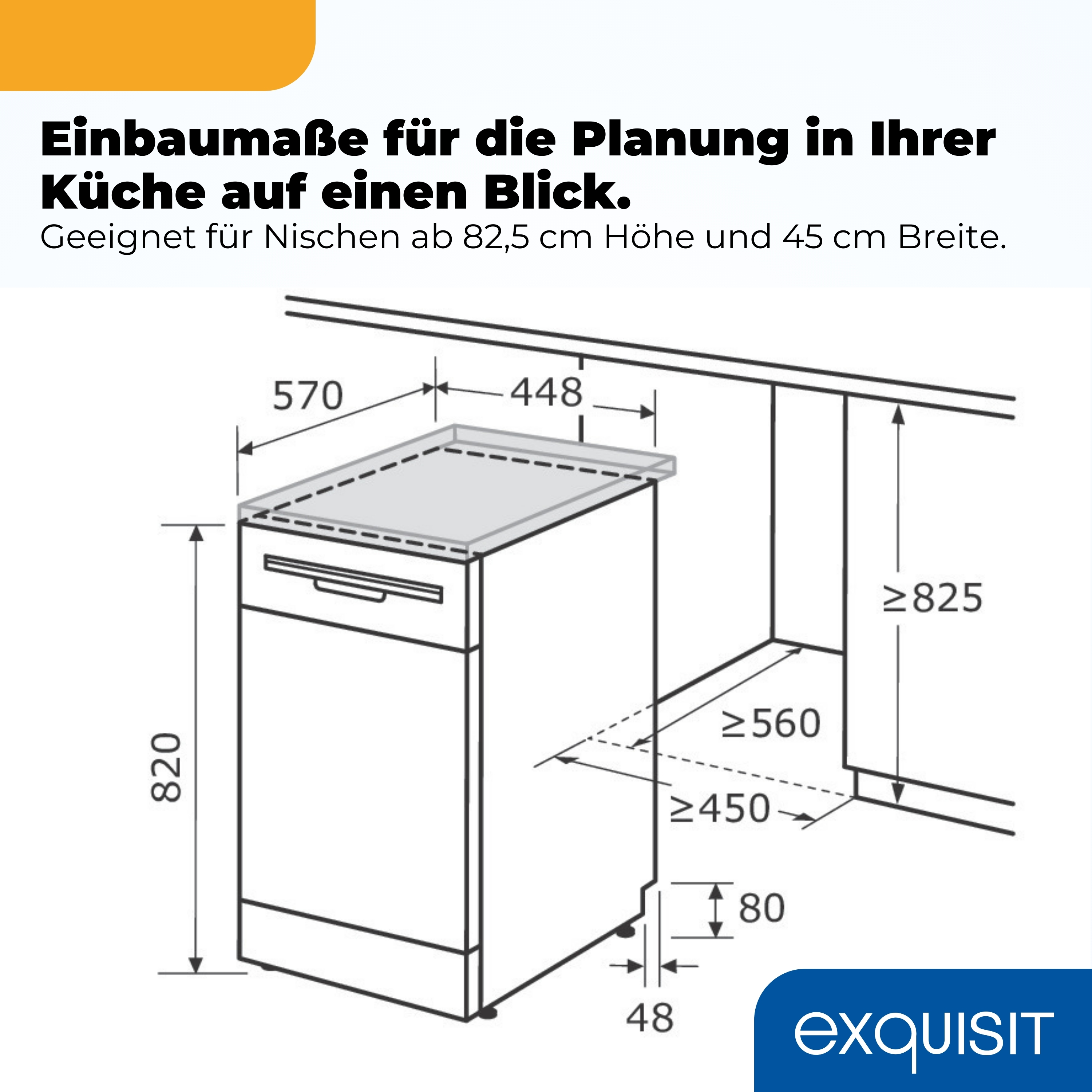 Technische Zeichnung mit Maßen für Einbauküchengeräte. Höhe 820, Breite 570.