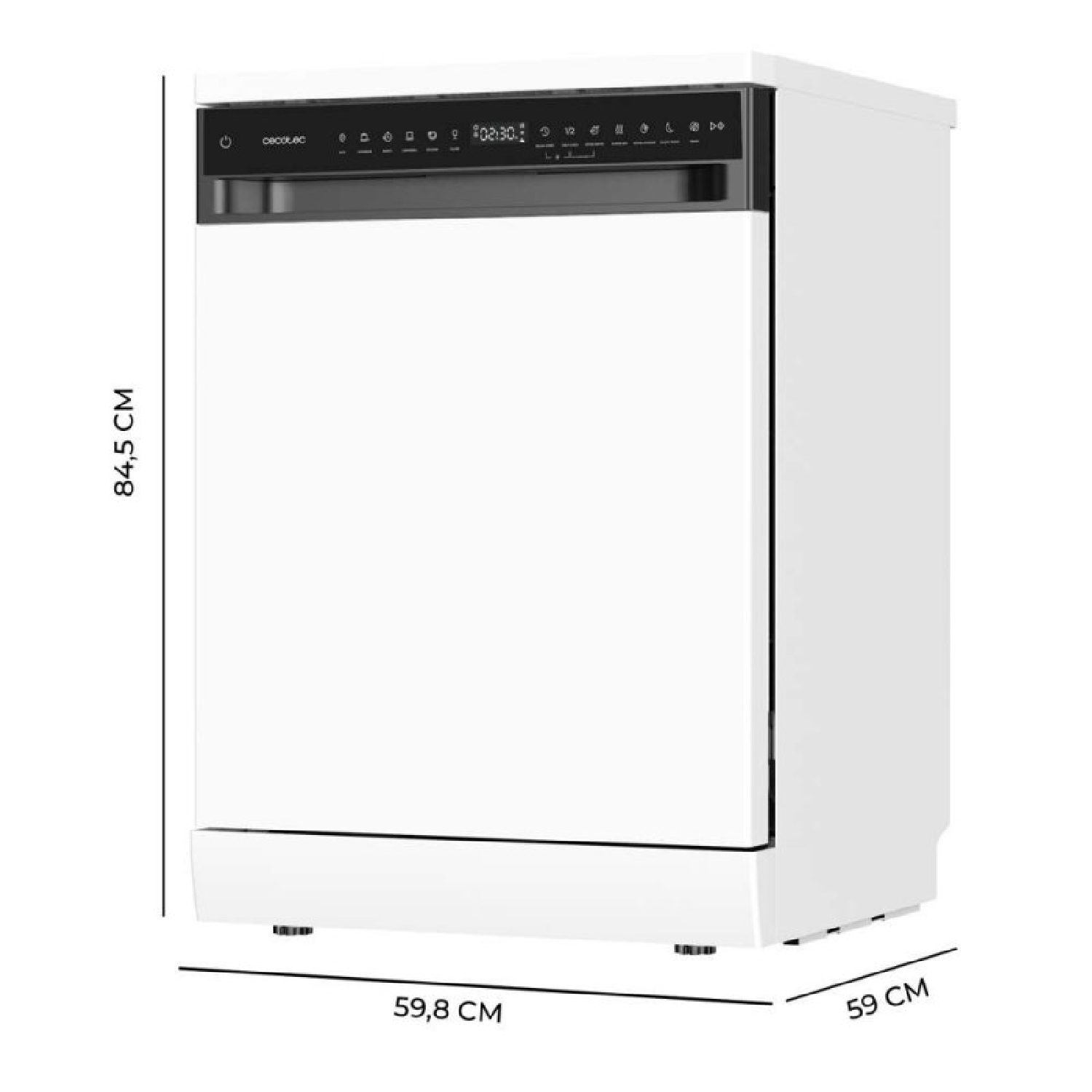 Lavavajillas blanco con panel de control negro y dimensiones.