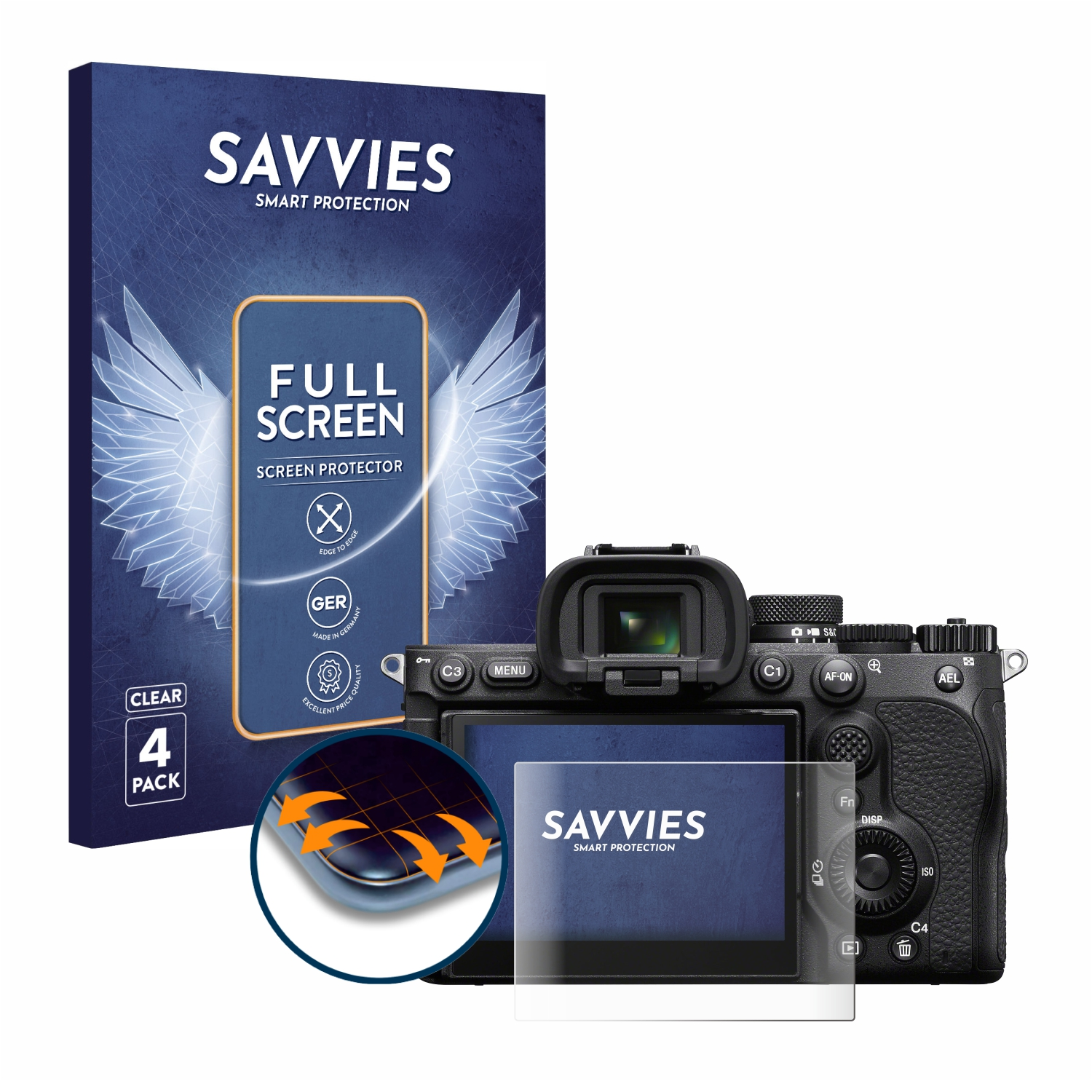 Savvies Displayschutzfolien-Pack neben einer schwarzen Kamera. Enthält 4 klare Schutzfolien.
