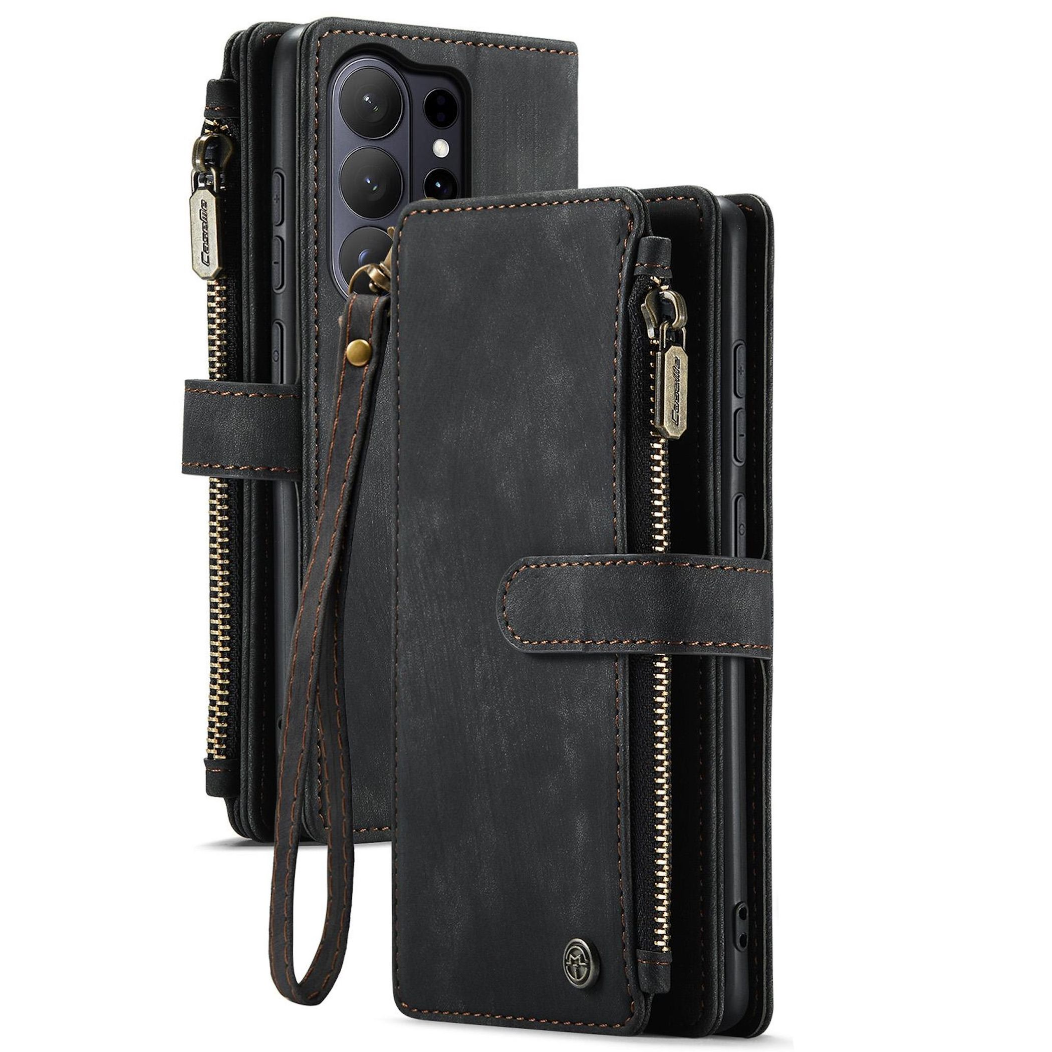 Schwarzes Leder-Flip-Phone-Etui mit Reißverschluss, Kameraöffnung und Handschlaufe.
