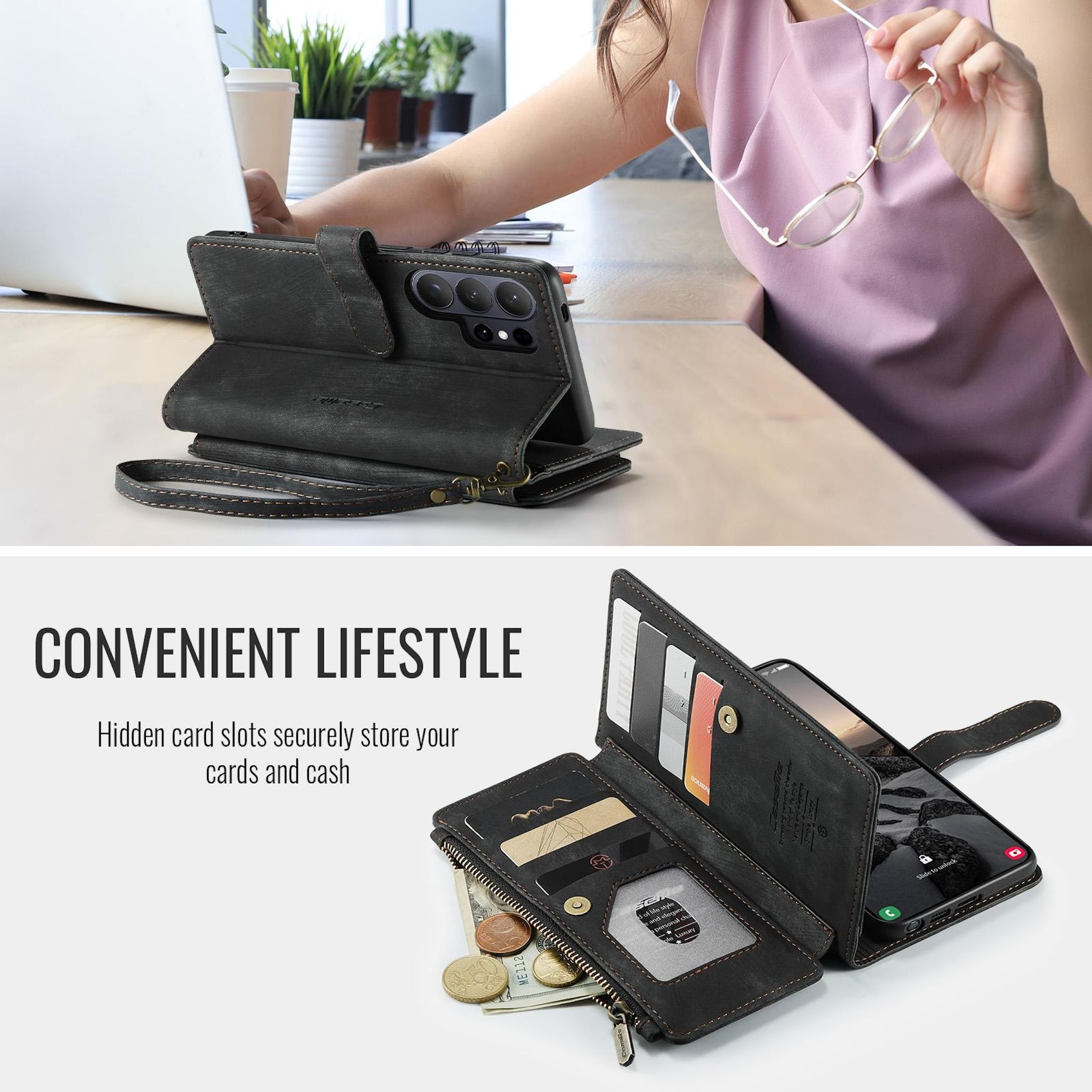 Eine schwarze Leder-Wallet-Hülle enthält ein Telefon, Karten und Bargeld. Enthält Text.