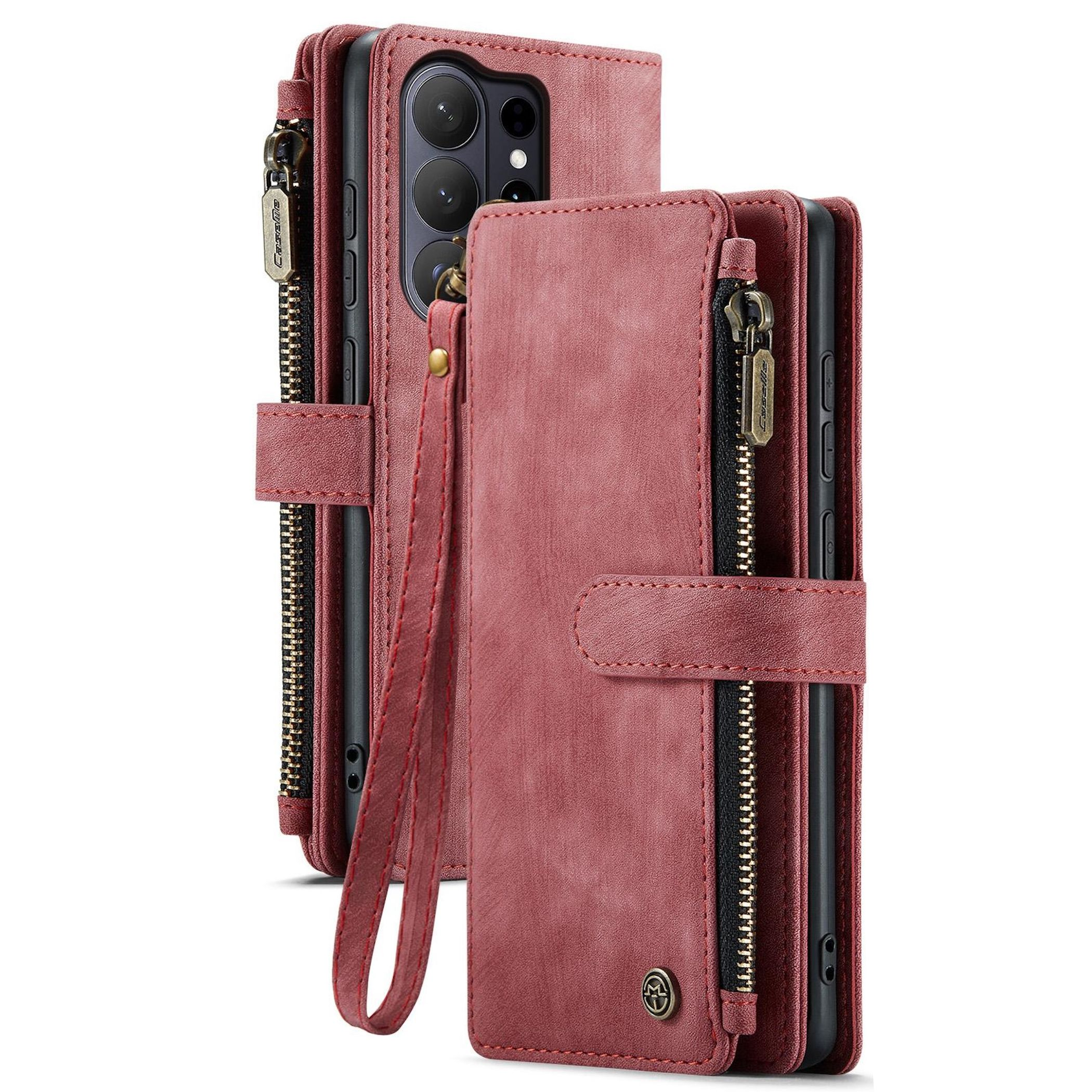 Rote Handyhülle mit Reißverschluss und Brieftaschenfunktion.