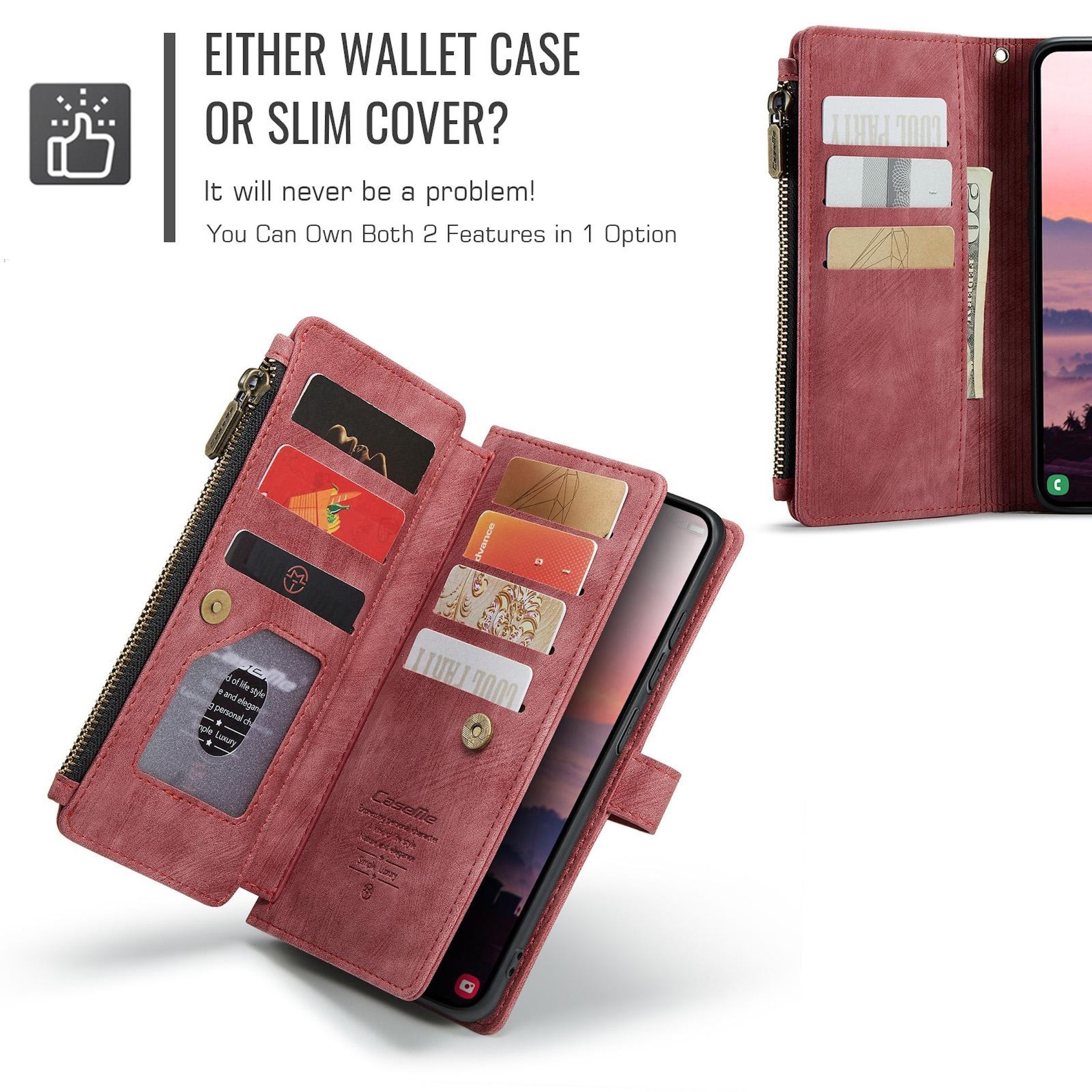 Rote Brieftaschen-Handyhülle mit Kartenfächern und einem Handy.