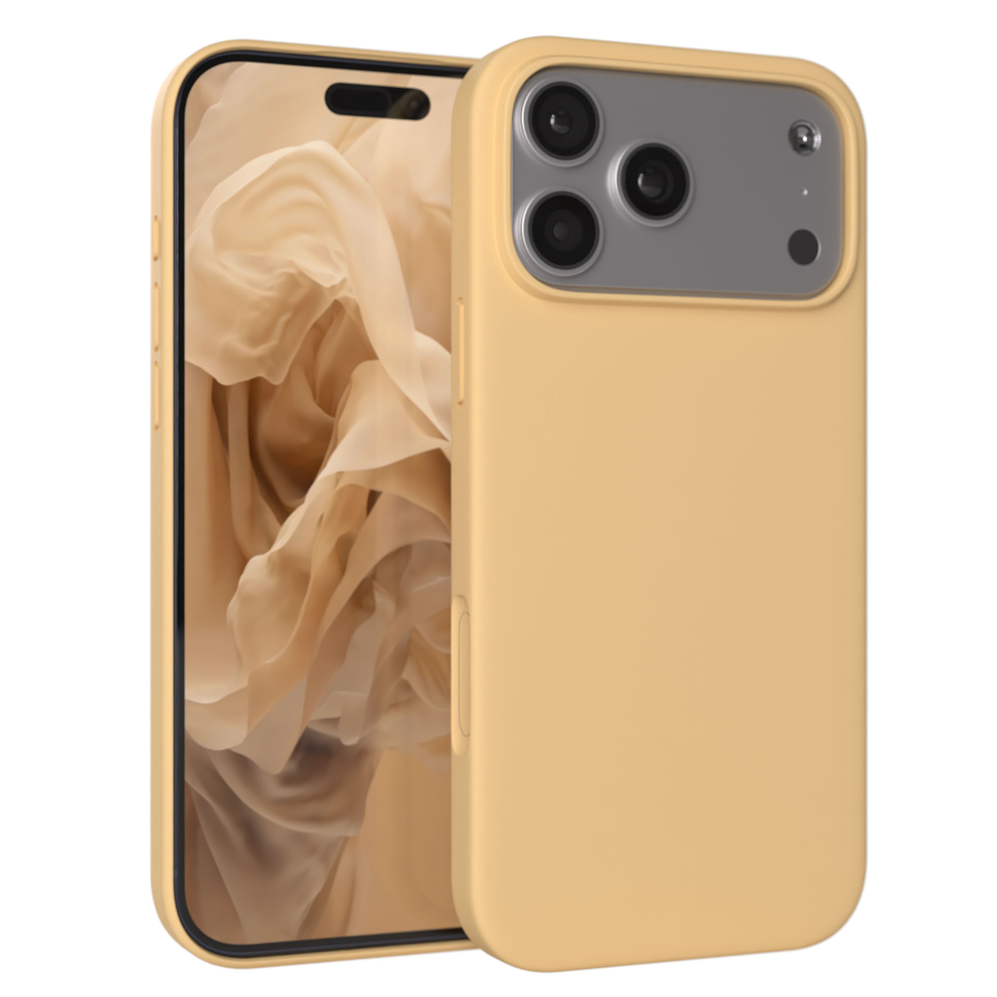 Ein gelbes iPhone mit Kamerasystem auf weißem Hintergrund.