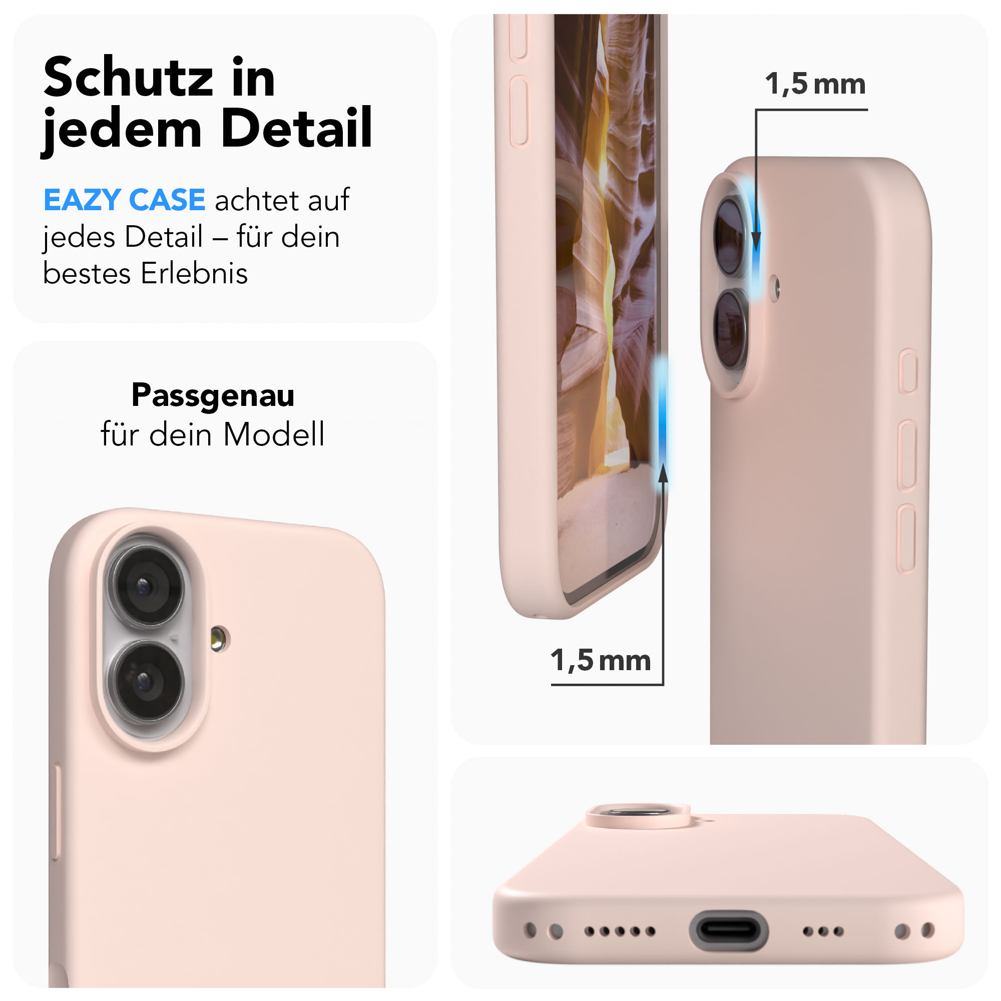 Ein hellrosa Handyhülle mit 1,5 mm Rand. Zeigt Kamera und Ladeanschluss.